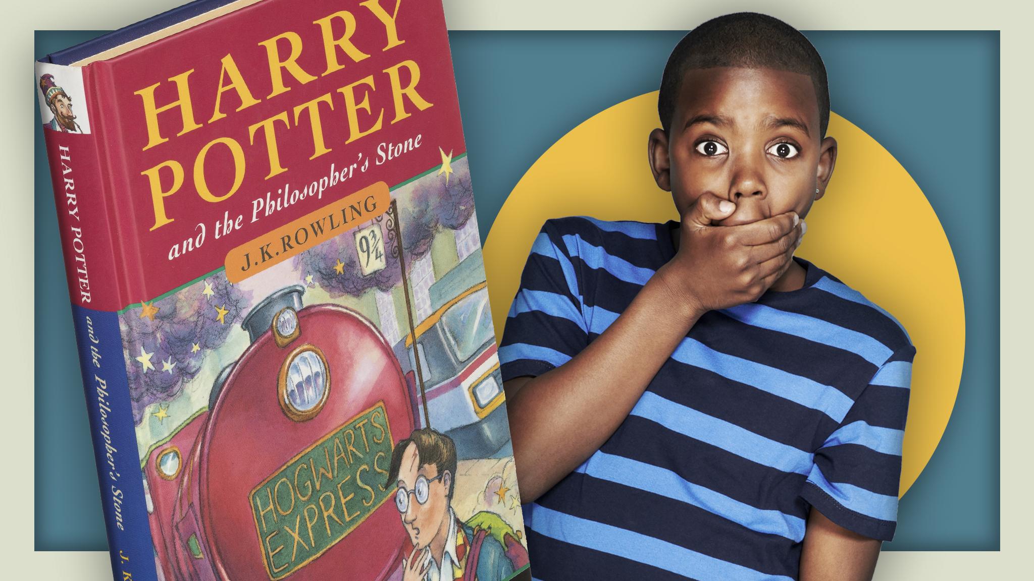 boy looking shocked next to first edition of harry potter book