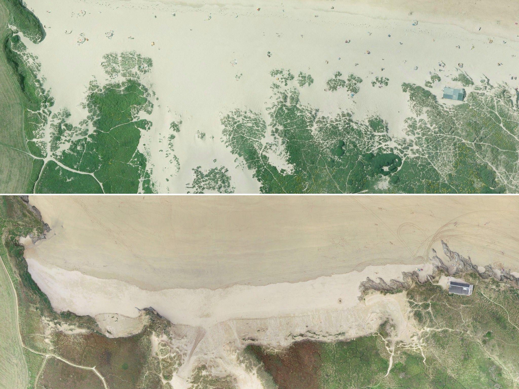 An aerial view of Crantock dunes taken in September 2008 (top) compared to the same view in October 2024, showing the movement of the dunes