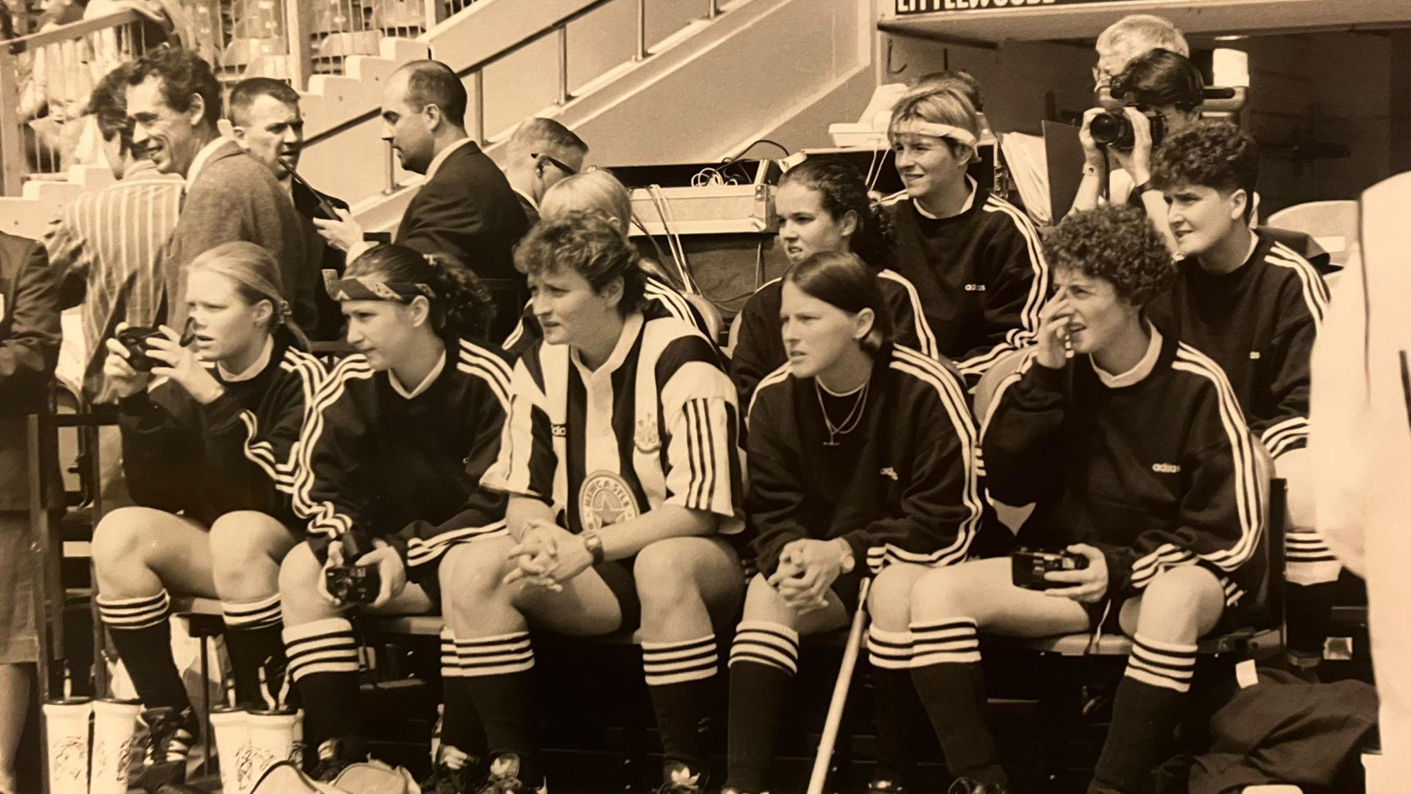 From bottom left, Jo Cartwright, Paula Brooks, Joan Revel, Pauline Fletcher, Margaret Hodgson and top row Jenny Wilkin, Julie Williams and Marie Collins at the Wembley game.