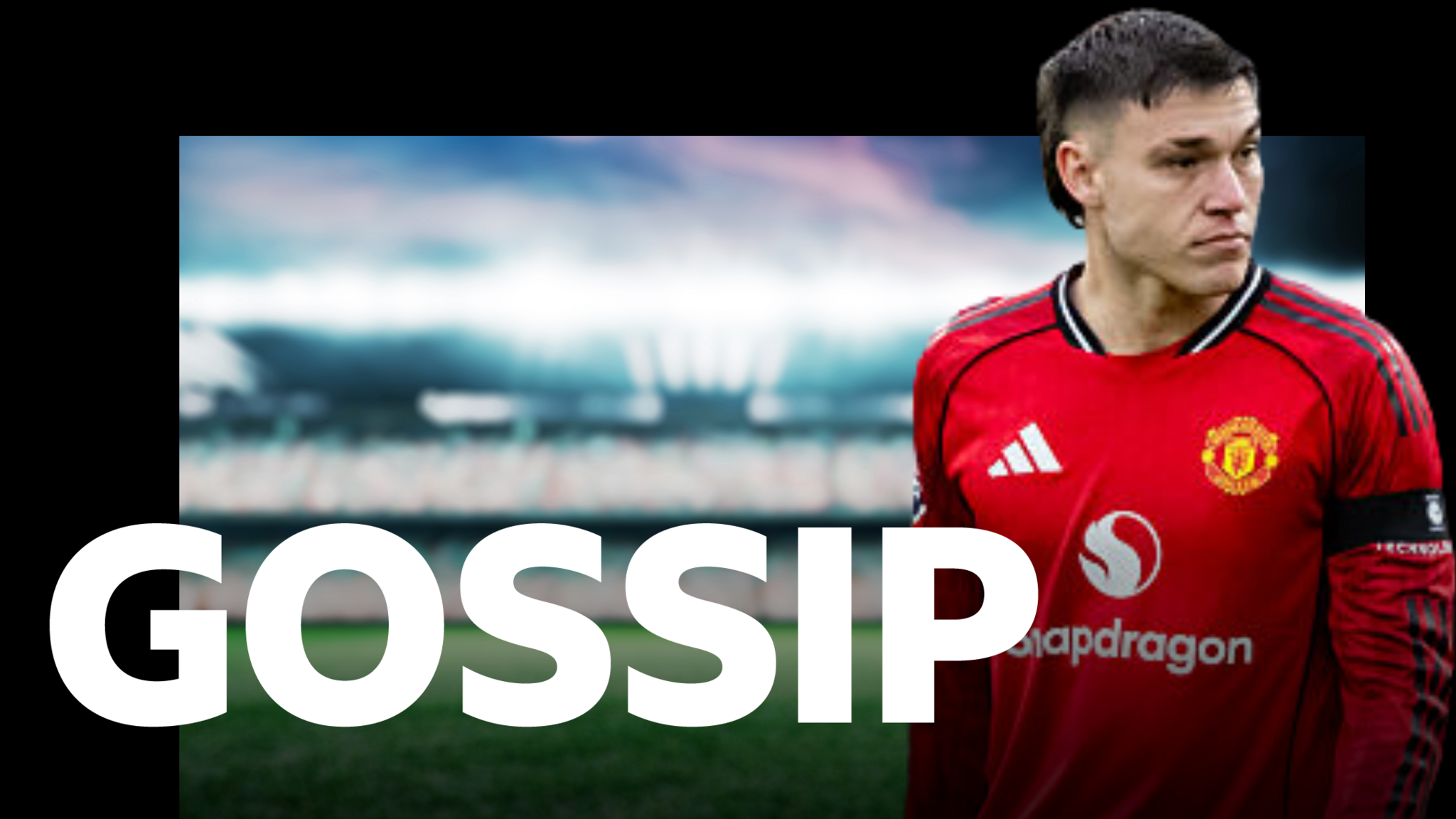 A graphic of Manchester United's Manuel Ugarte with 'Gossip' written in bold across it.