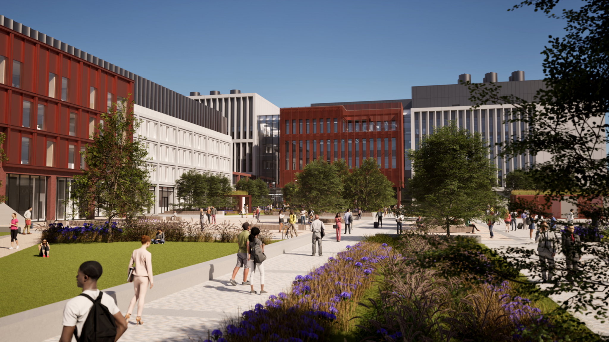 A CGI image of the new building which is red and white with a white stone square with lots of trees