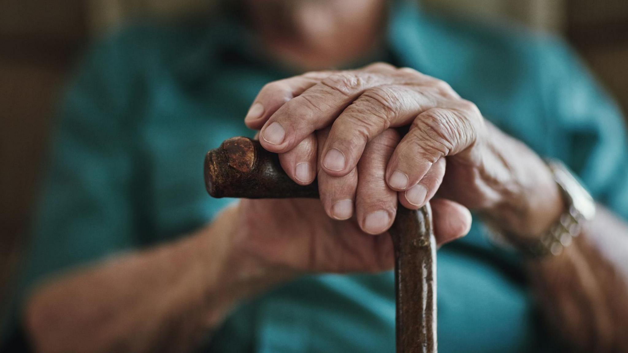 An older person's hands rest on a walking stick. On a wrist they wear a watch.