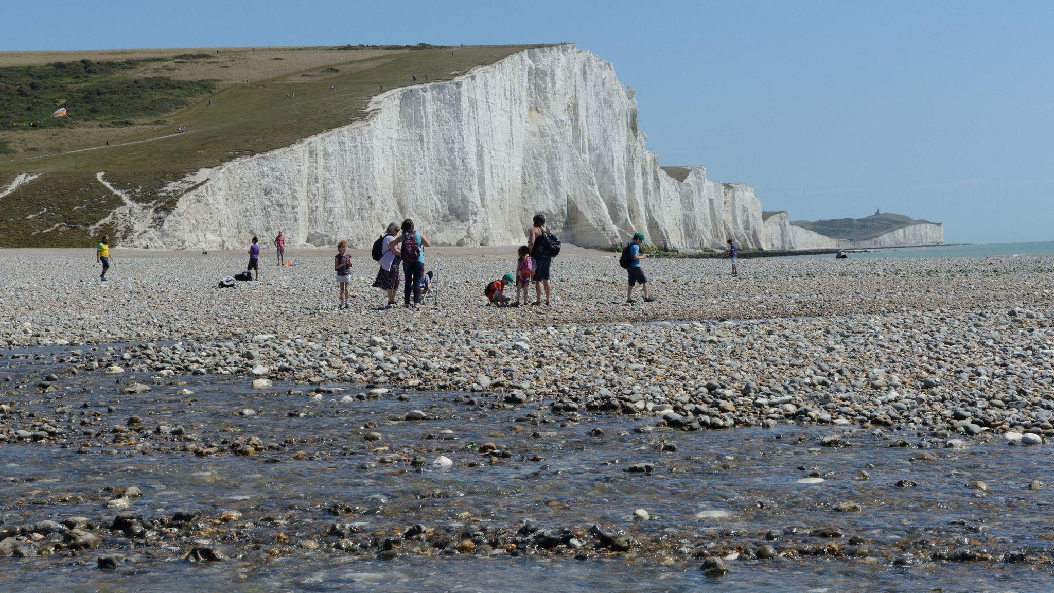 Ten people walk on the beach in Sussex, with the white chalk cliffs of the Seven Sisters rising behind them.