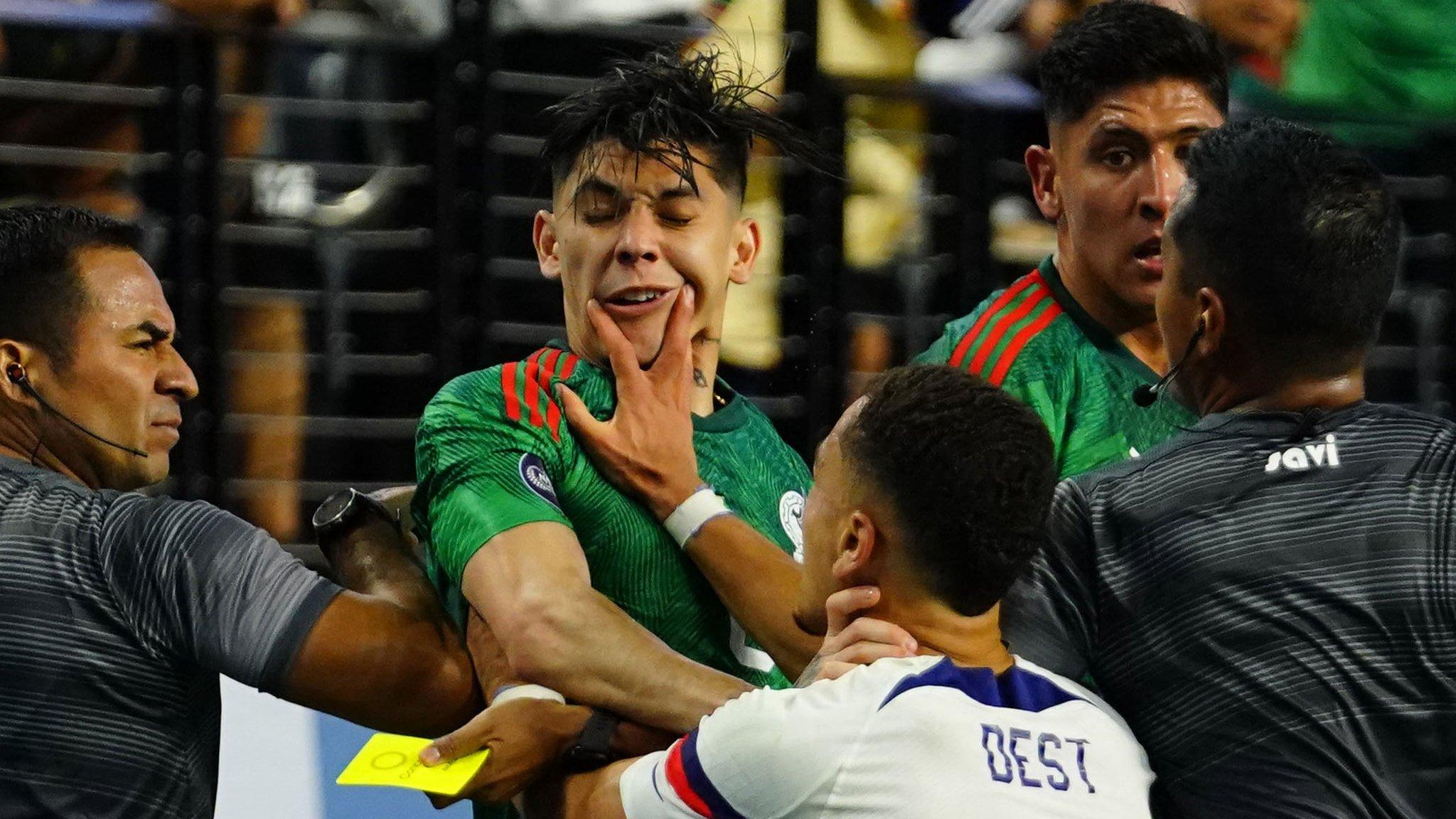 USA defender Sergino Dest was one of four players sent-off in his side's win against Mexico