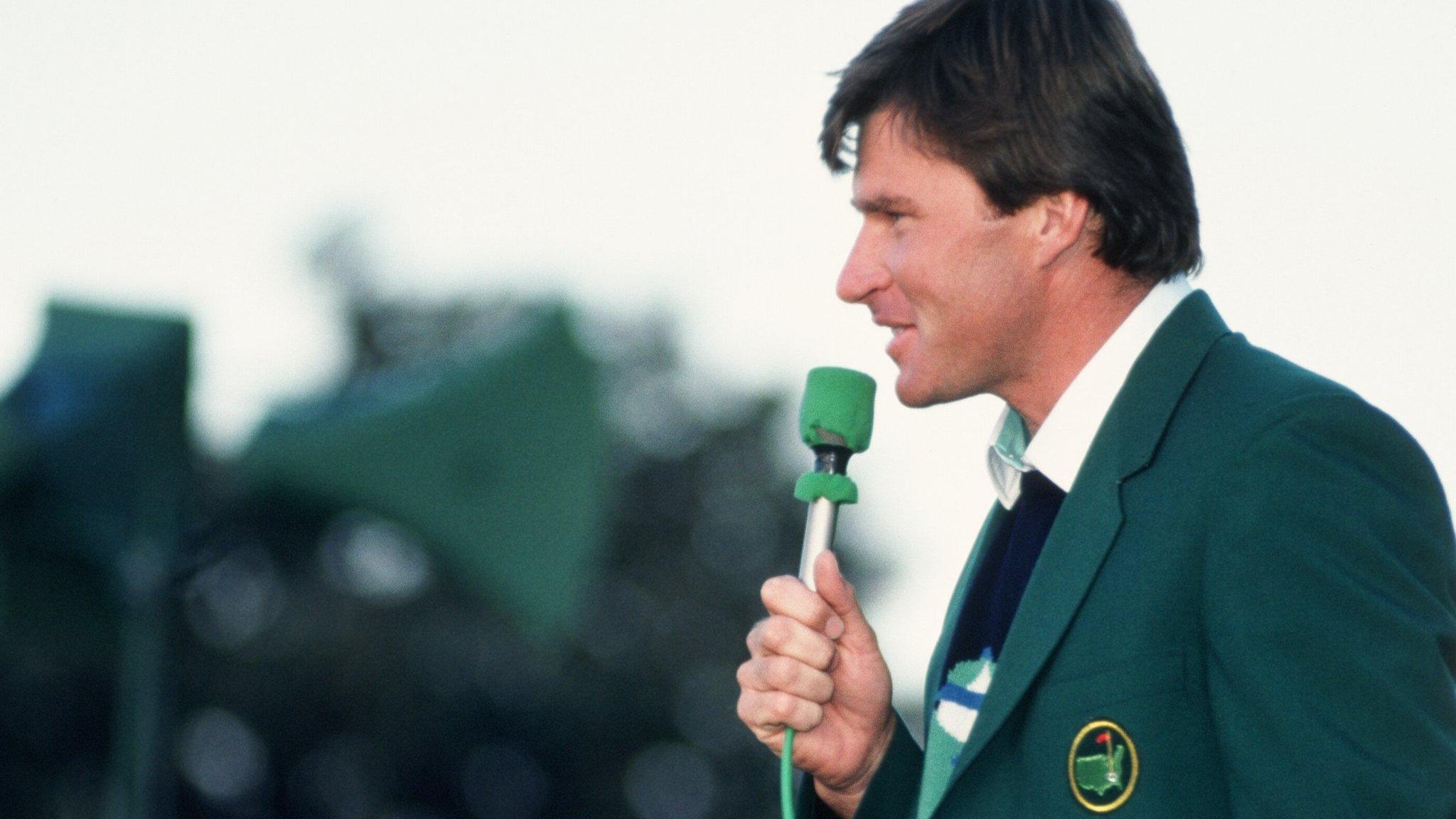 Nick Faldo makes speech after winning Masters at Augusta in 1990