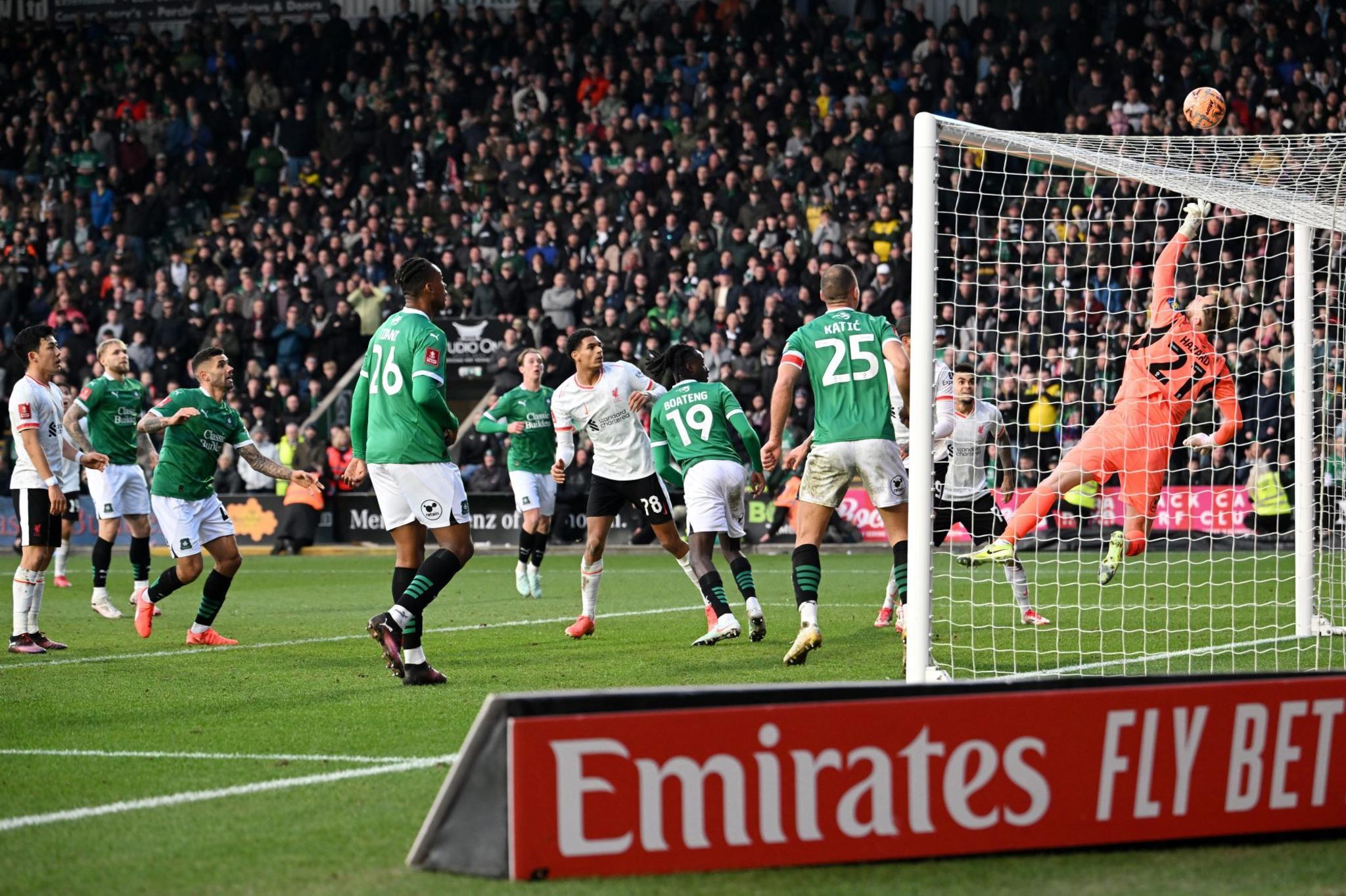 Hazard tips over Darwin Nunez's chance in the closing minutes of the Home Park contest as Plymouth held on for victory