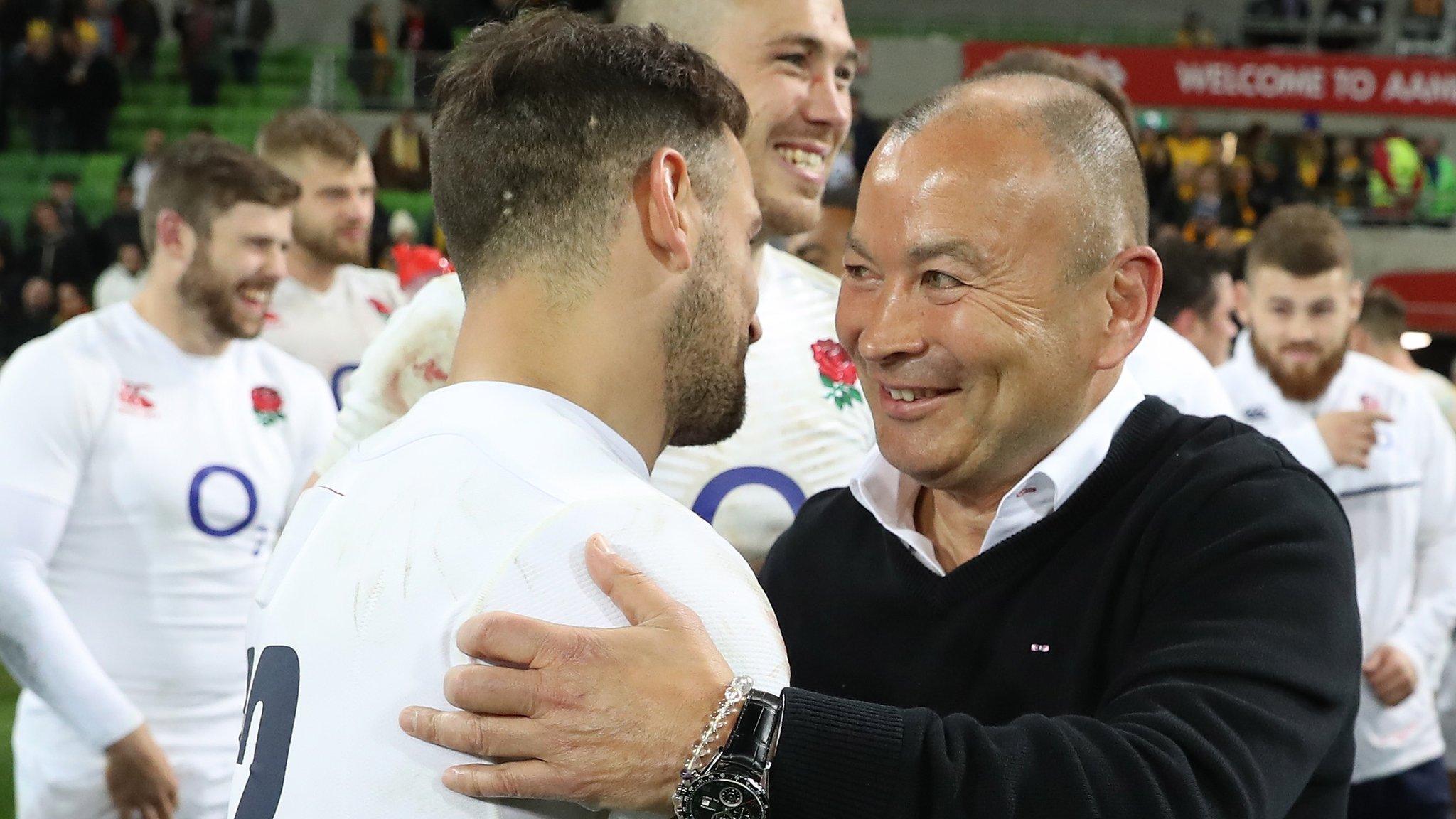 Eddie Jones congratulates his players after a series win over Australia