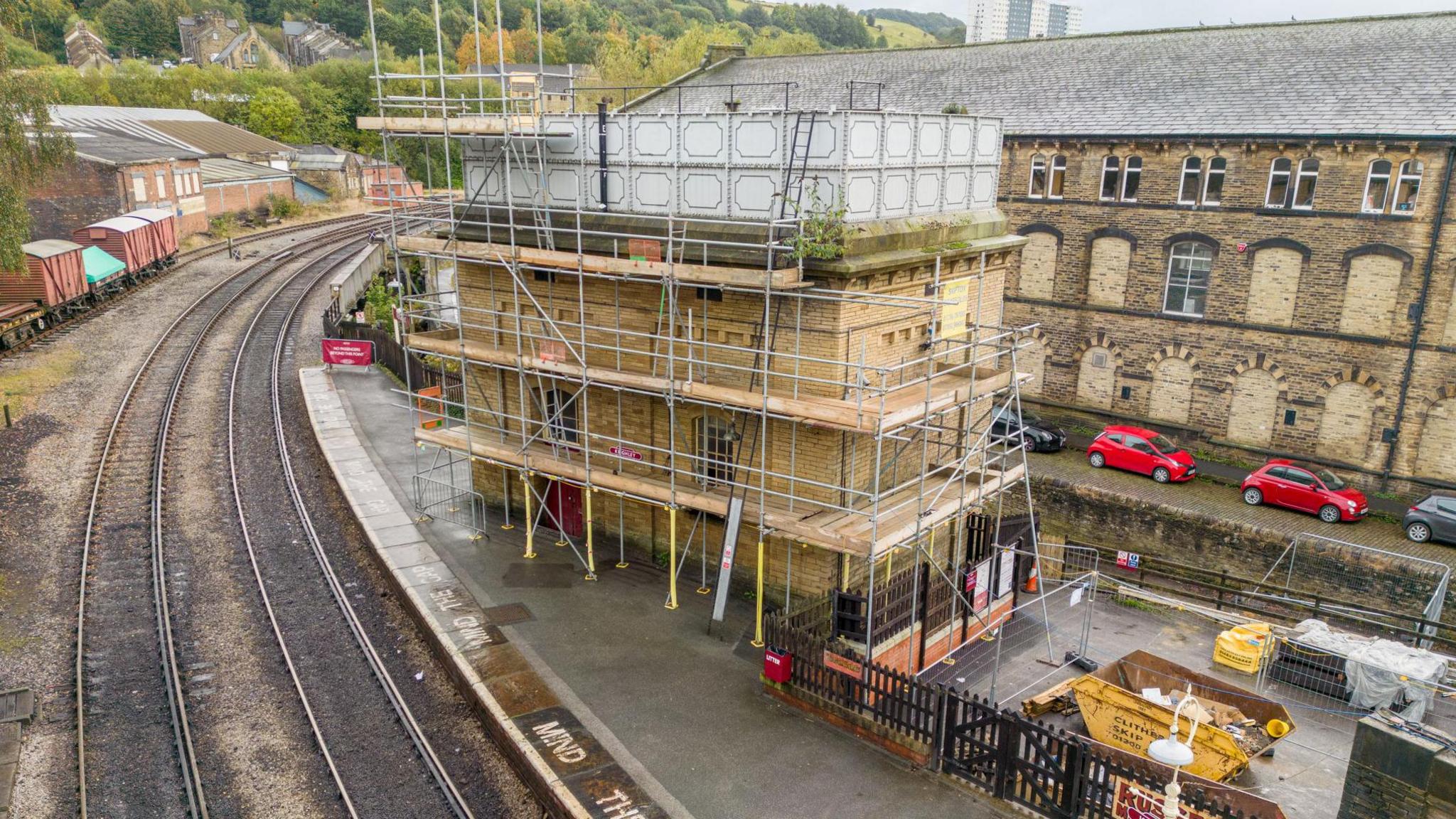 Scaffolding around the water tower