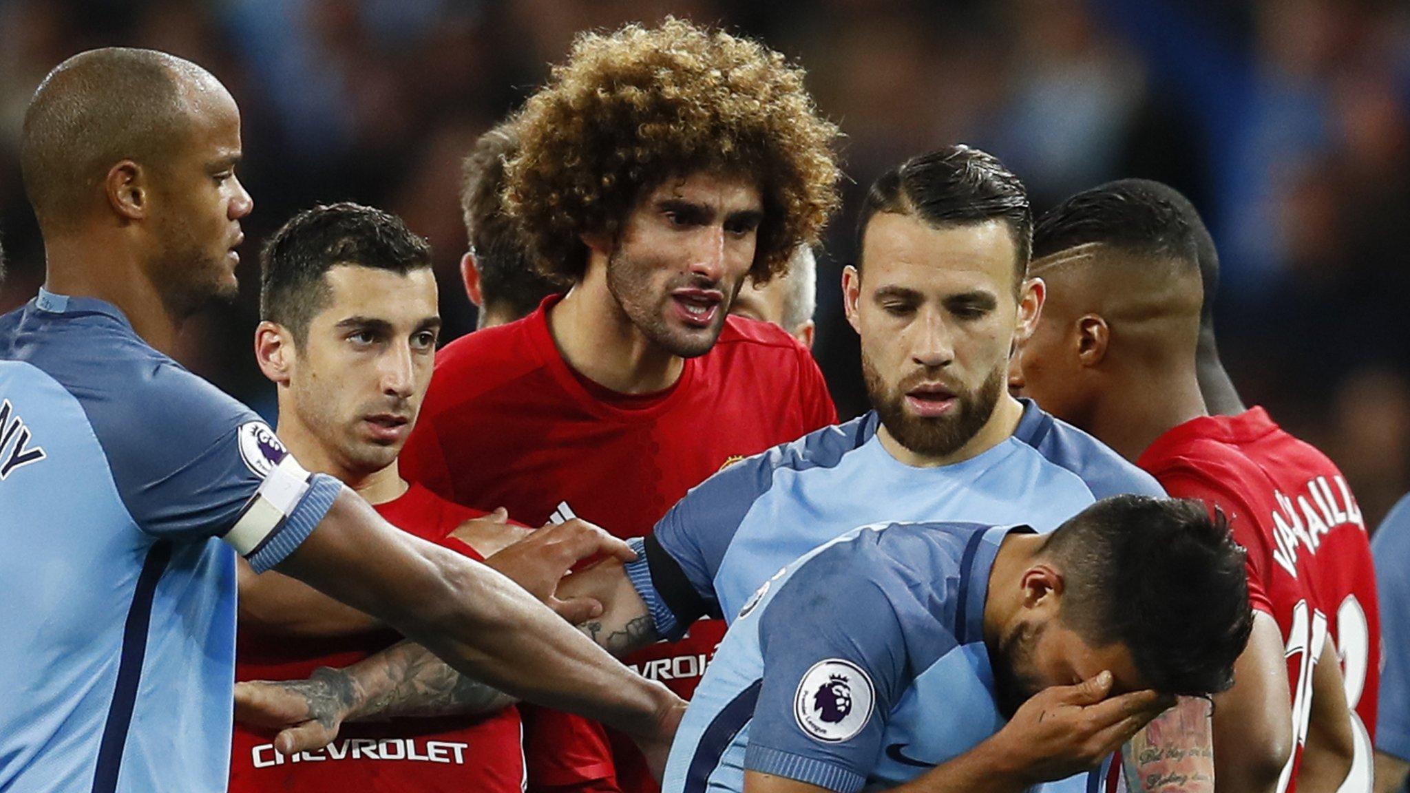 Manchester United midfielder Marouane Fellaini was sent off for headbutting Manchester City forward Sergio Aguero