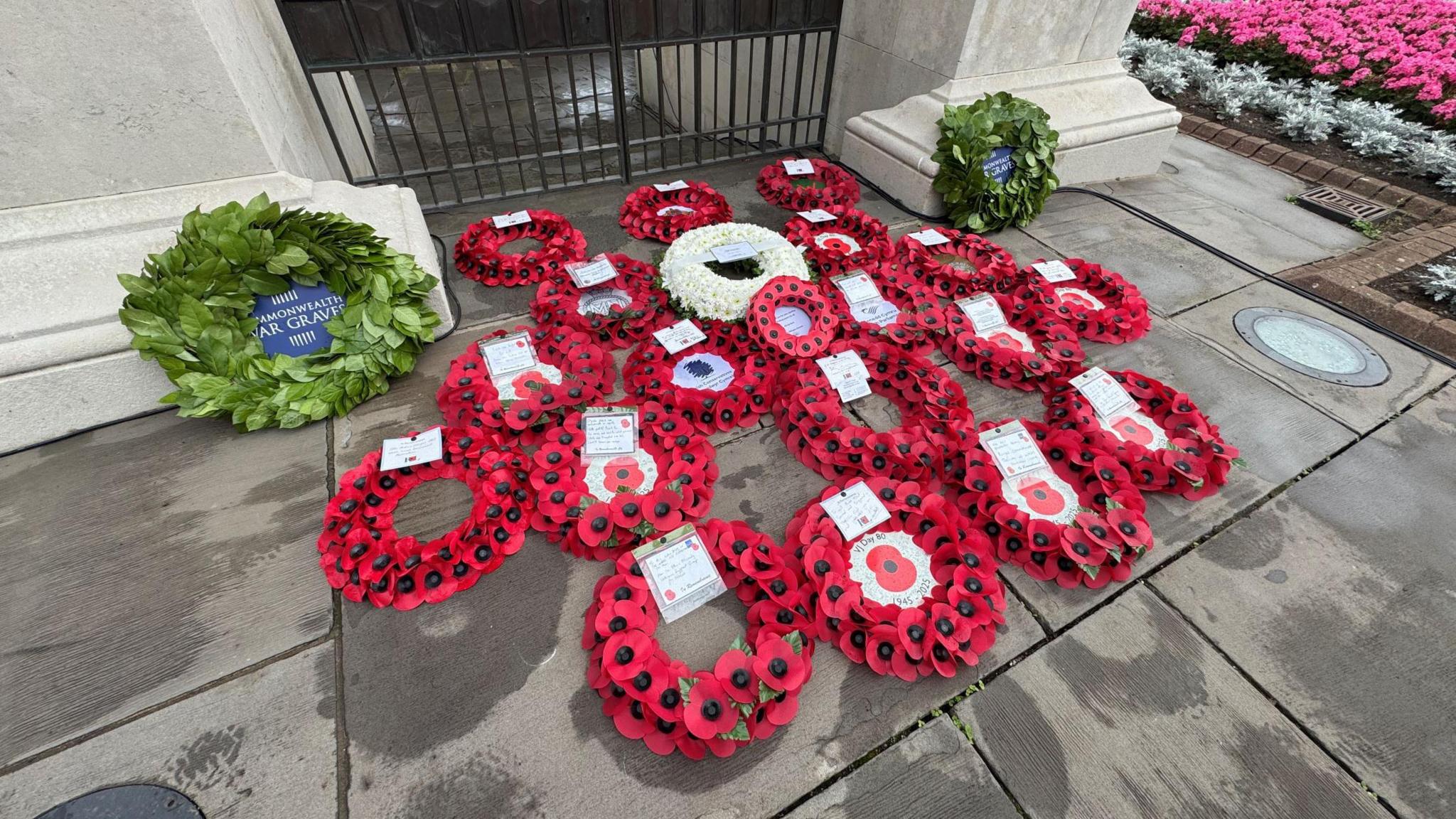 A selection of a dozen red poppy wreaths are pictured on the floor at Cardiff's Alexandra Gardens. 