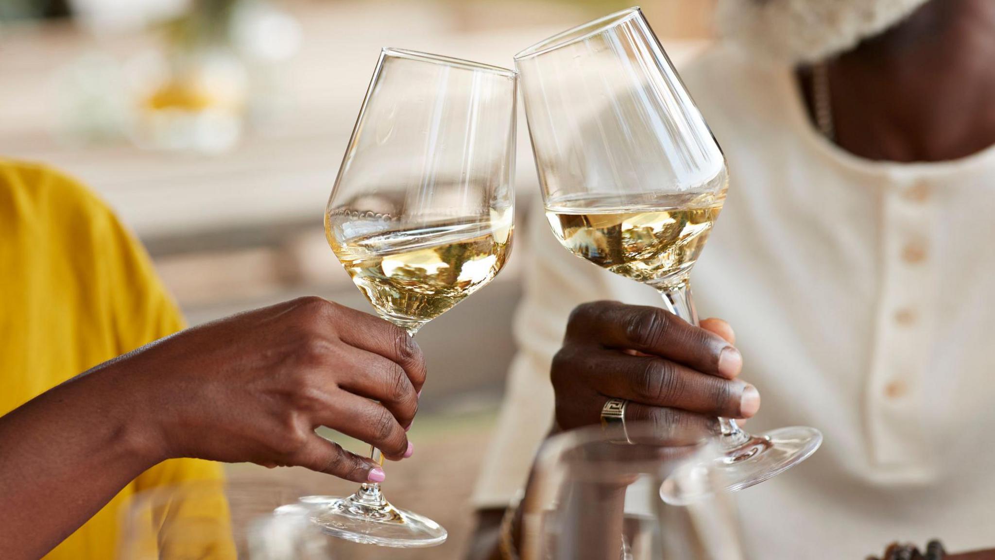 Two people clinking their wine glasses