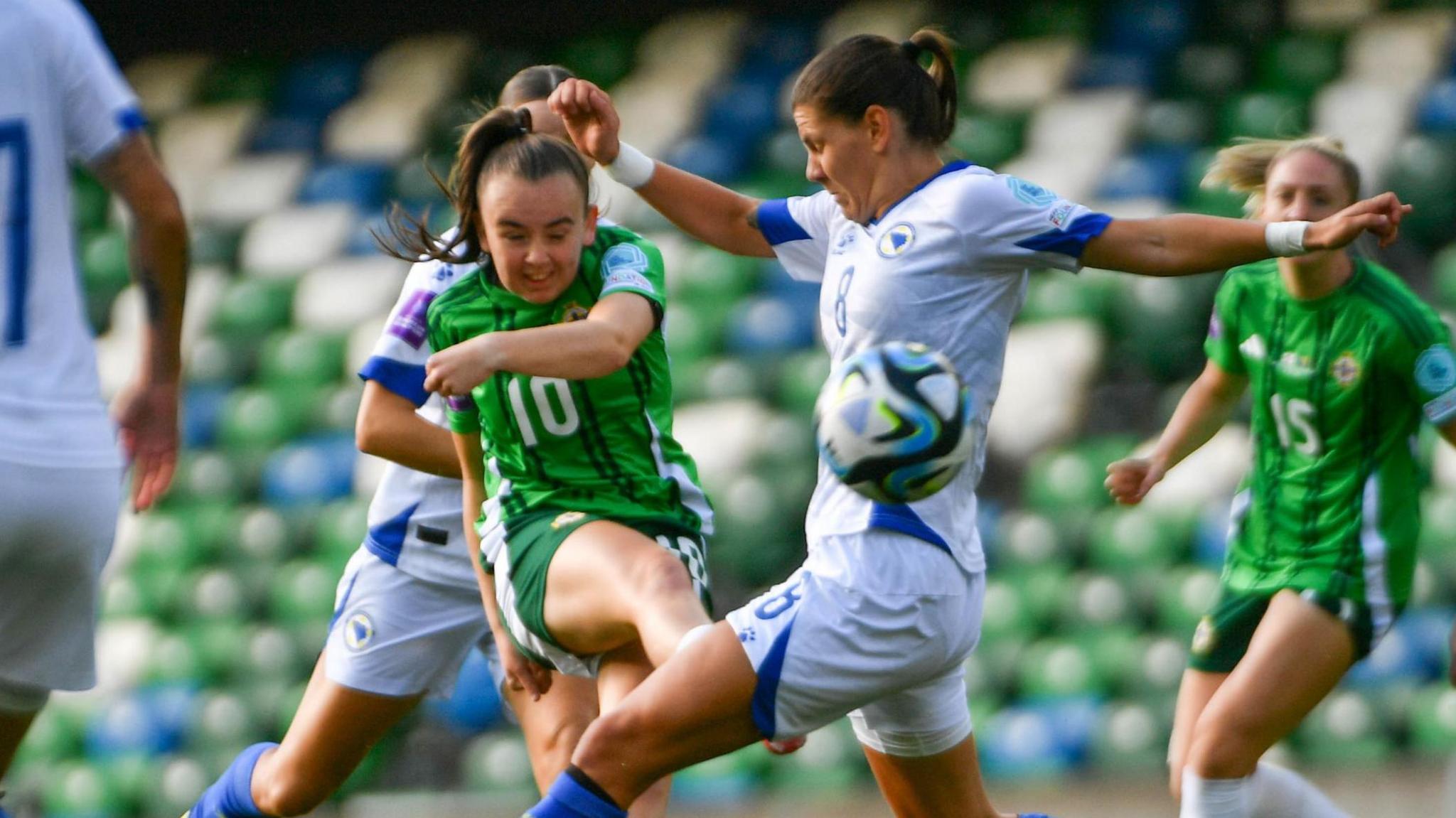 Northern Ireland's Keri Halliday shoots on the Bosnia-Herzegovina goal 