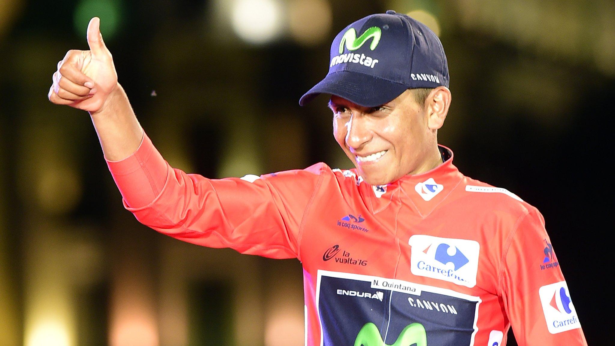 Nairo Quintana celebrates winning the Vuelta a Espana