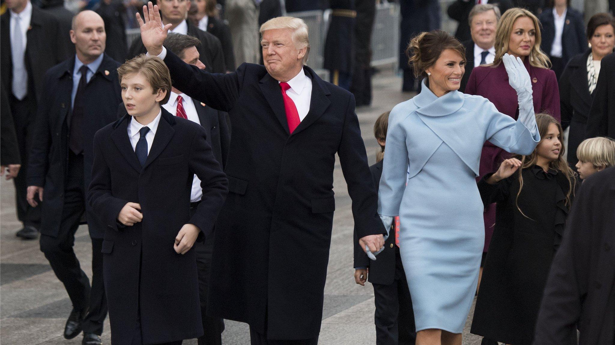 US President Donald Trump with his wife Melania and son Barron