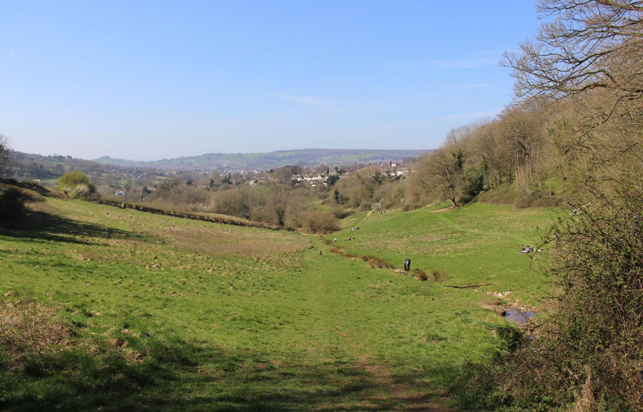 Image shows sloping valley at the Heavens, on a sunny day, with trees at the sides with no leaves.