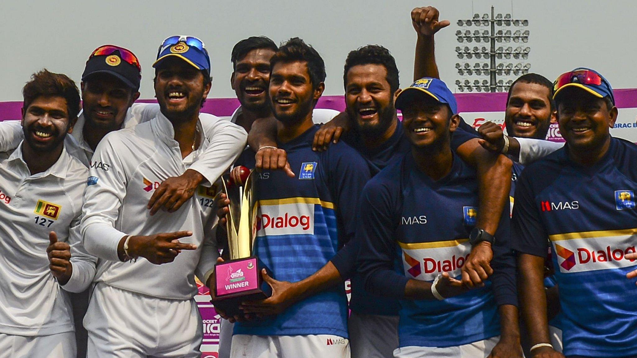 Sri Lanka celebrate with the Test series trophy