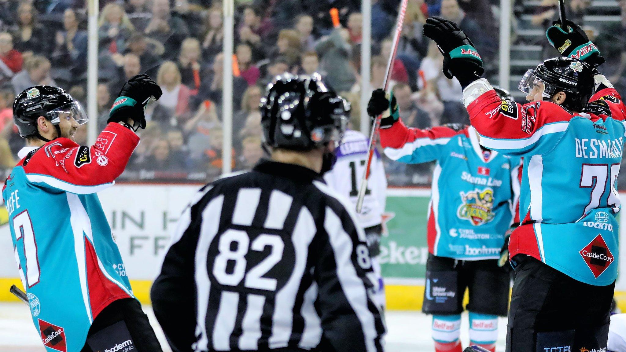 Belfast Giants celebrate after James Desmaris nets against the Clan