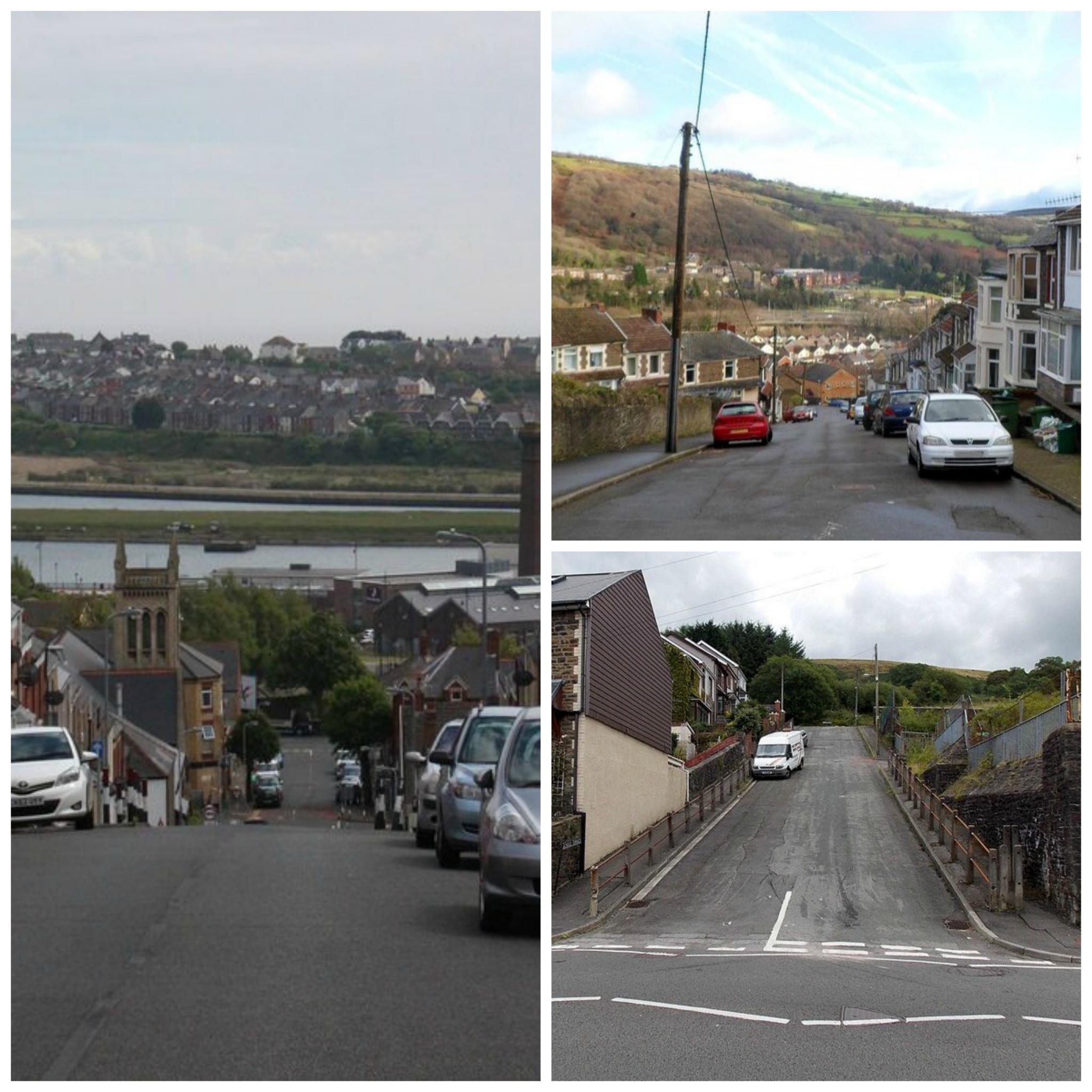 Your steep streets: (clockwise) Trinity Street, Barry, courtesy of Sue Gersh; Stow Hill, Treforest, Jason Crimmins; and School Terrace, Blaengarw, by @rapsiencyn on Twitter