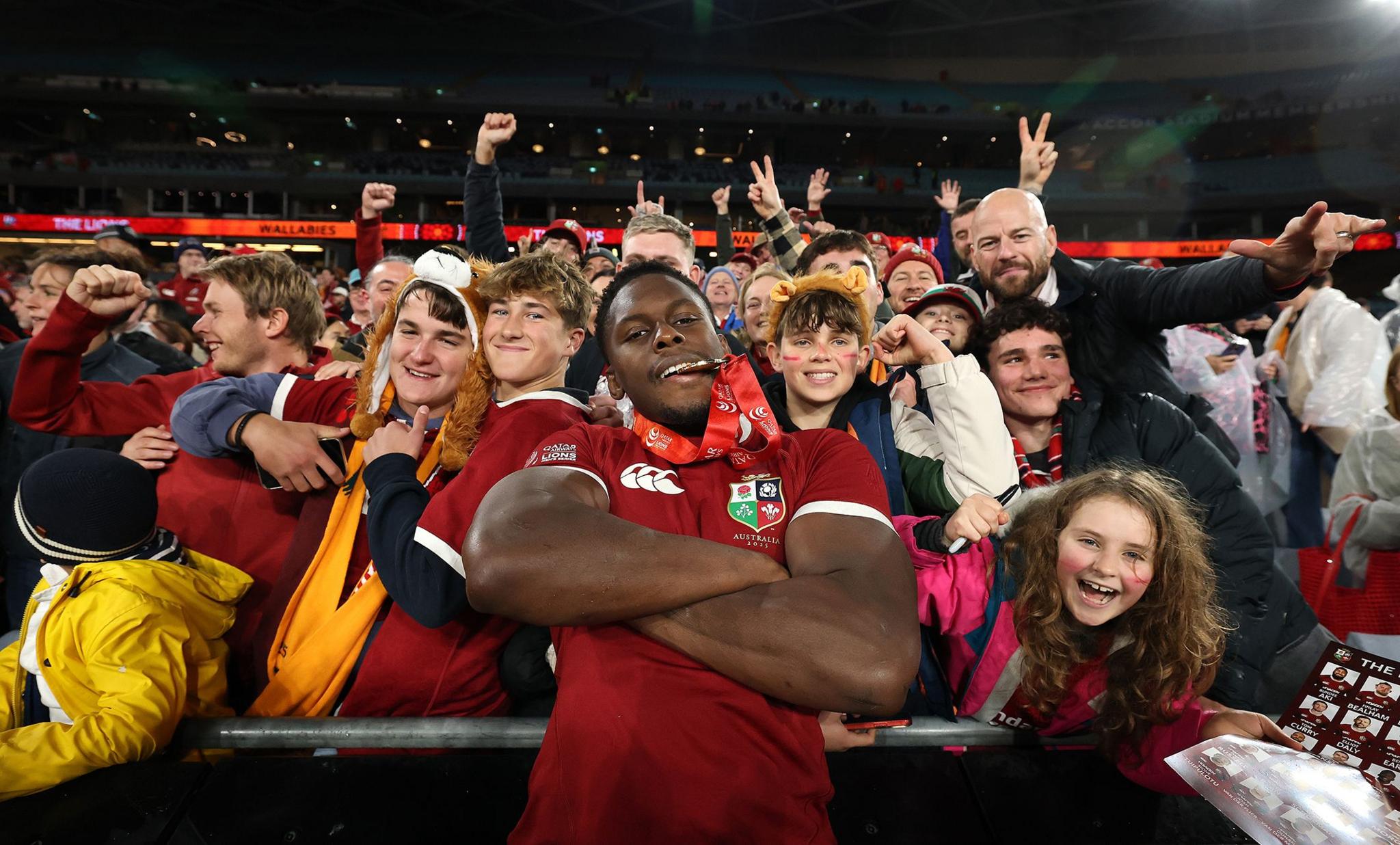 The British & Irish Lions captain Maro Itoje celebrates with supporters after their 2-1 series win, despite them losing the final match during the third test of the series between Australia Wallabies and the British & Irish Lions at the Accor Stadium in Sydney, Australia. Photo by David Rogers