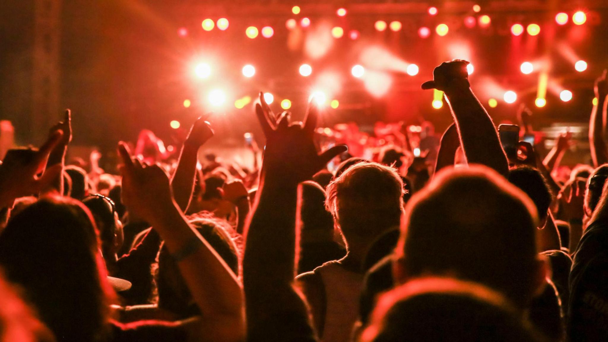 A band playing on stage is shown in the background but out of focus with bright red lights, with the back of people's heads shown in the foreground as some raise their hands in the air in celebration.