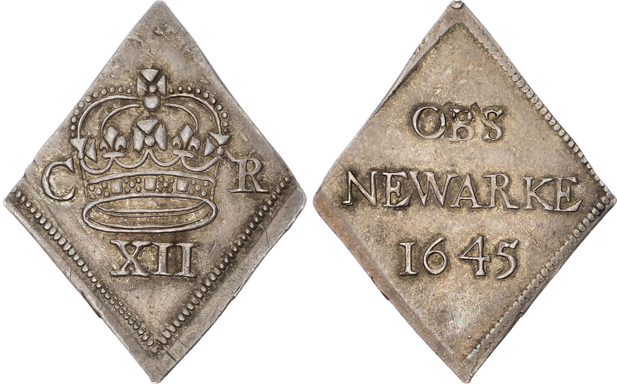 Diamond-shaped piece of metal, showing both sides, one with a crown and CR XII stamped on it, the other with OBS Newark 1645