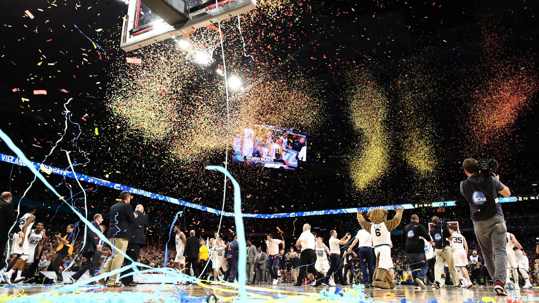 San Antonio, United States, 2 April: Confetti falls as the Villanova Wildcats celebrate after defeating the Michigan Wolverines during the NCAA Men's Final Four National Championship game at the Alamodome in Texas.