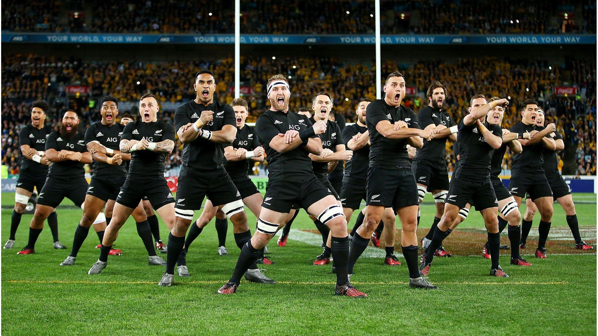 The All Blacks perform the Haka before the Bledisloe Cup Rugby Championship match between the Australian Wallabies and the New Zealand All Blacks at ANZ Stadium on 20 August 2016 in Sydney, Australia