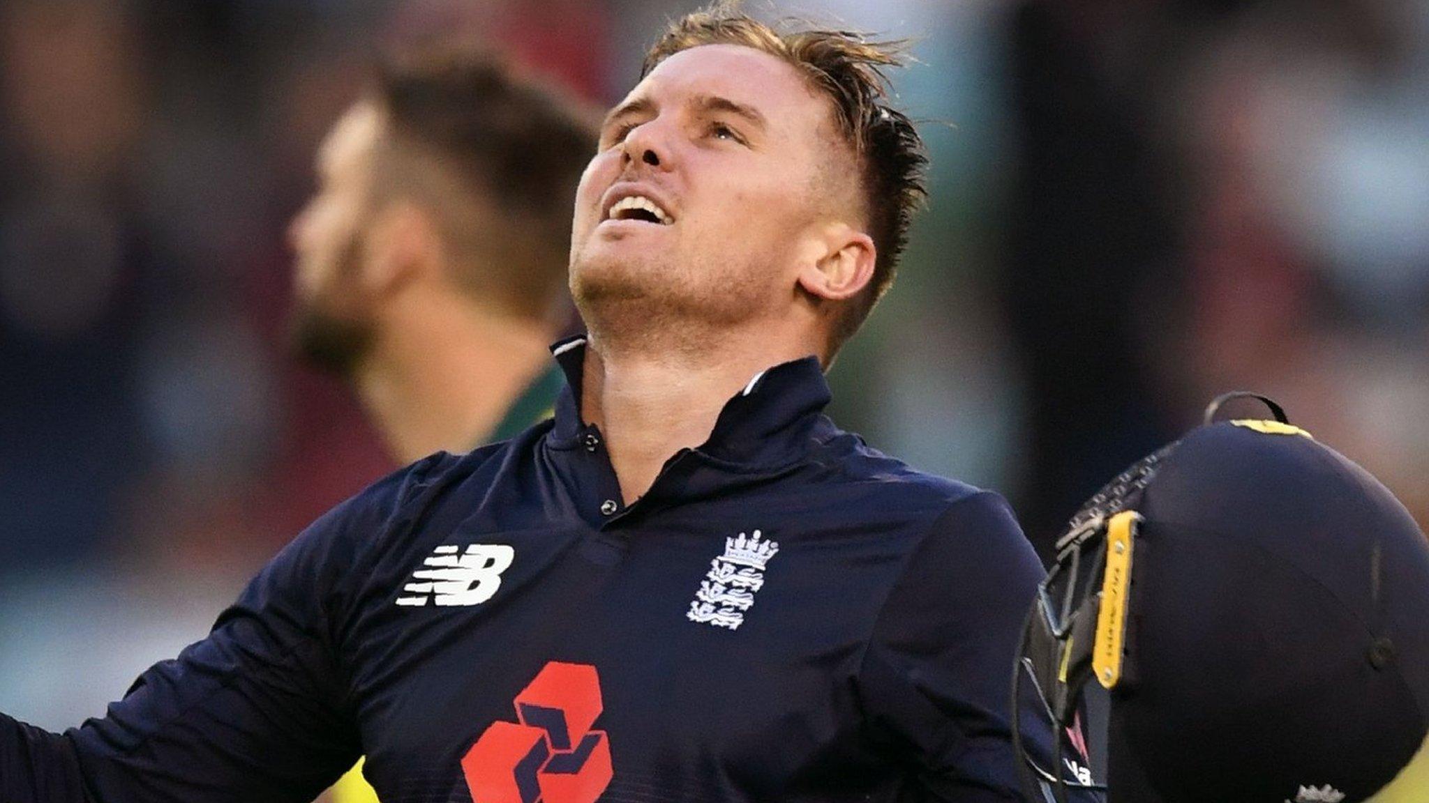 England opener Jason Roy celebrates scoring his hundred against Australia