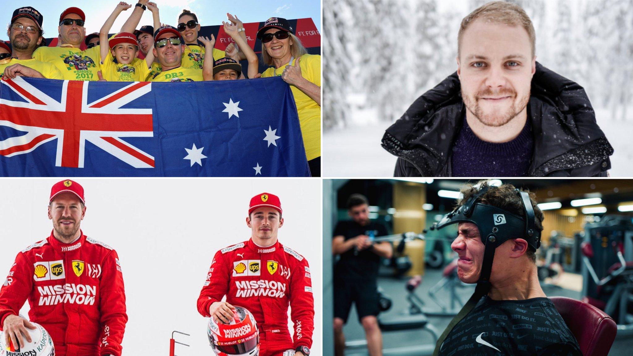 A split picture of Australian F1 fans, Mercedes' Valtteri Bottas with a beard, Ferrari's Sebastian Vettel and Charles Leclrec and Lando Norris neck training