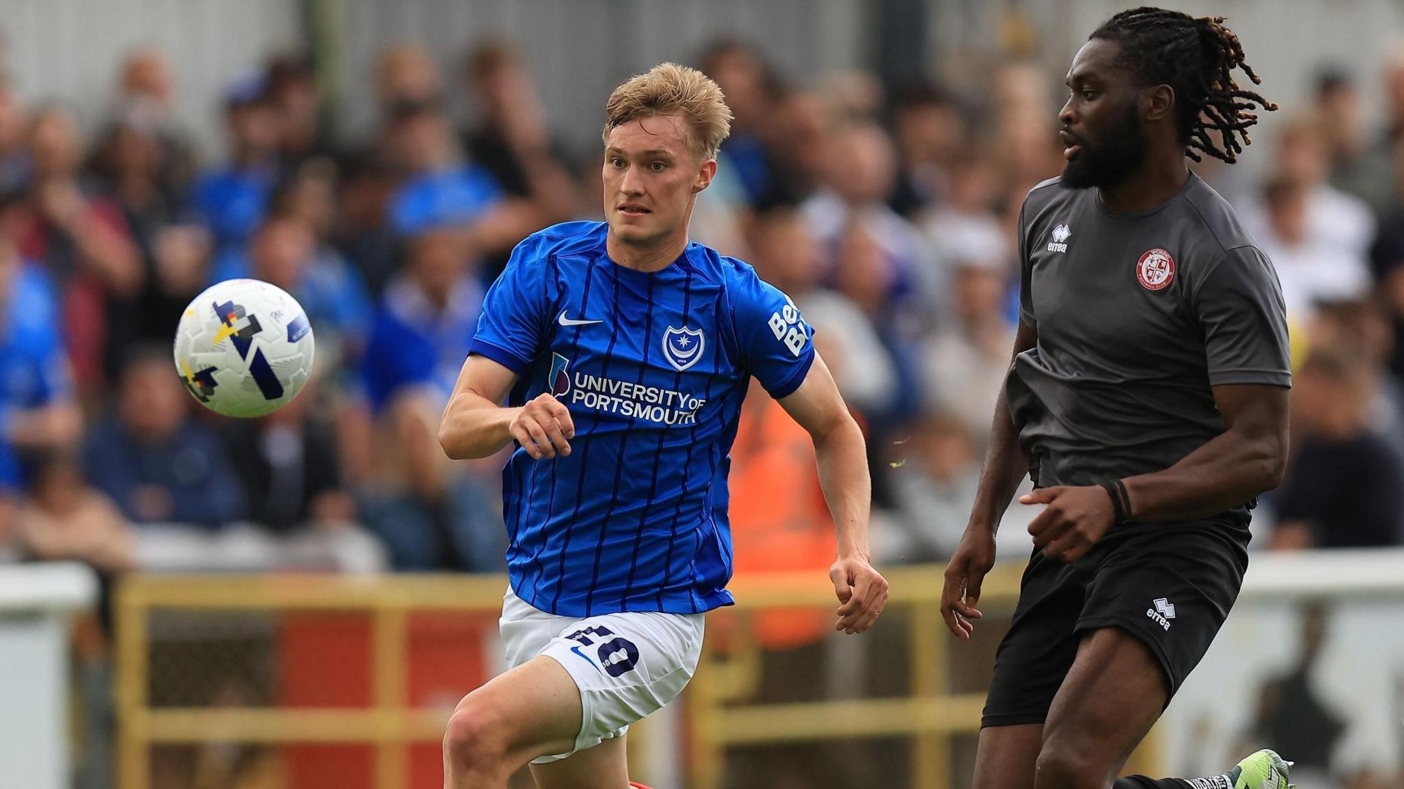 Portsmouth striker Thomas Waddingham, left.