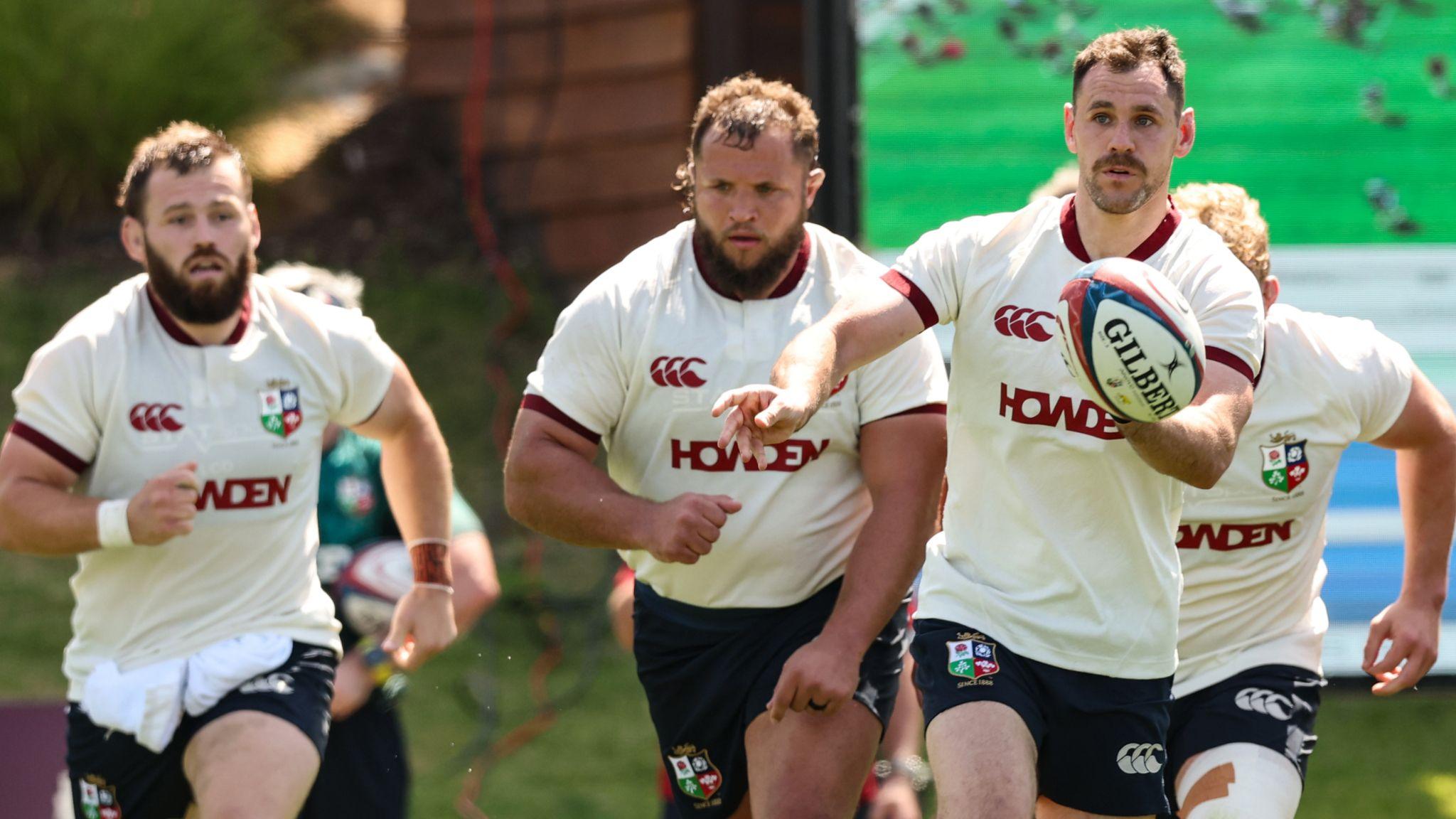 Tomos Williams passes the ball while training with the British and Irish Lions in Faro.
