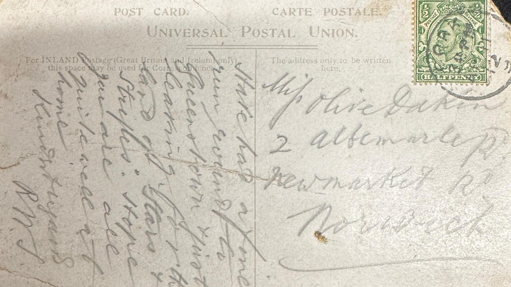 The reverse side of the postcard shows Mr Smith writing to a friend in Norwich. "Have had a fine run around to Queenstown. Just leaving for the land of stars and stripes. Hope you are all quite well at home. Kind regards RWS."