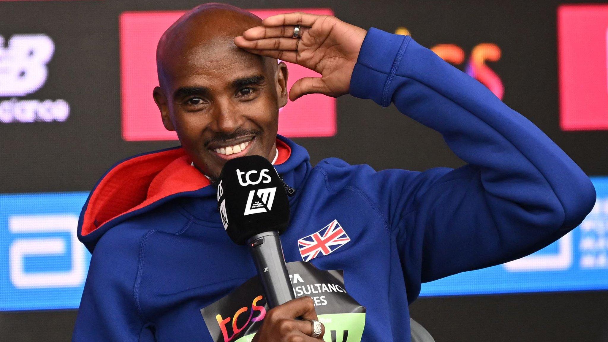 Mo Farah speaks to the media after finishing the 2023 London Marathon