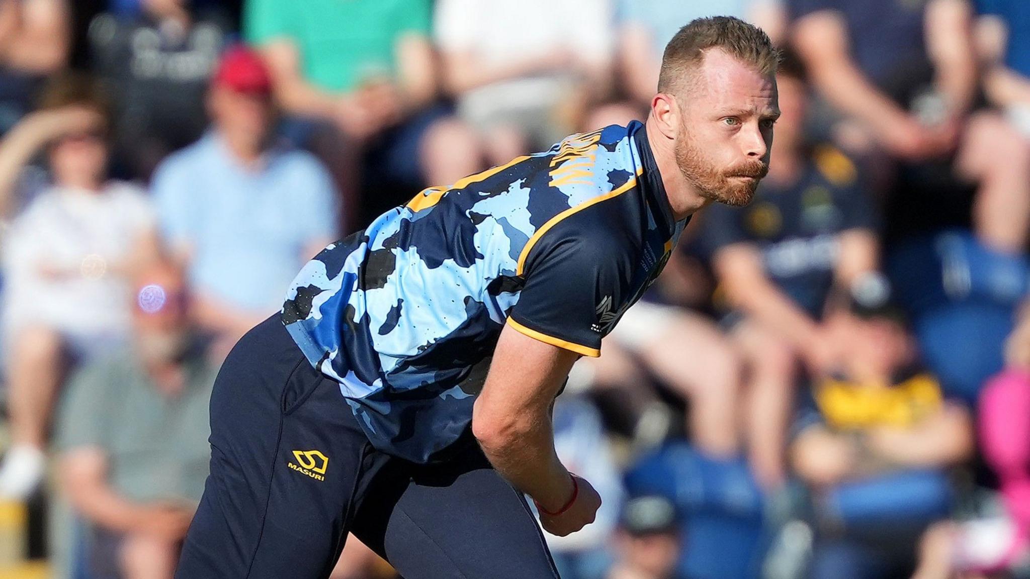 Glamorgan's Nathan McAndrew bowling in the Vitality Blast