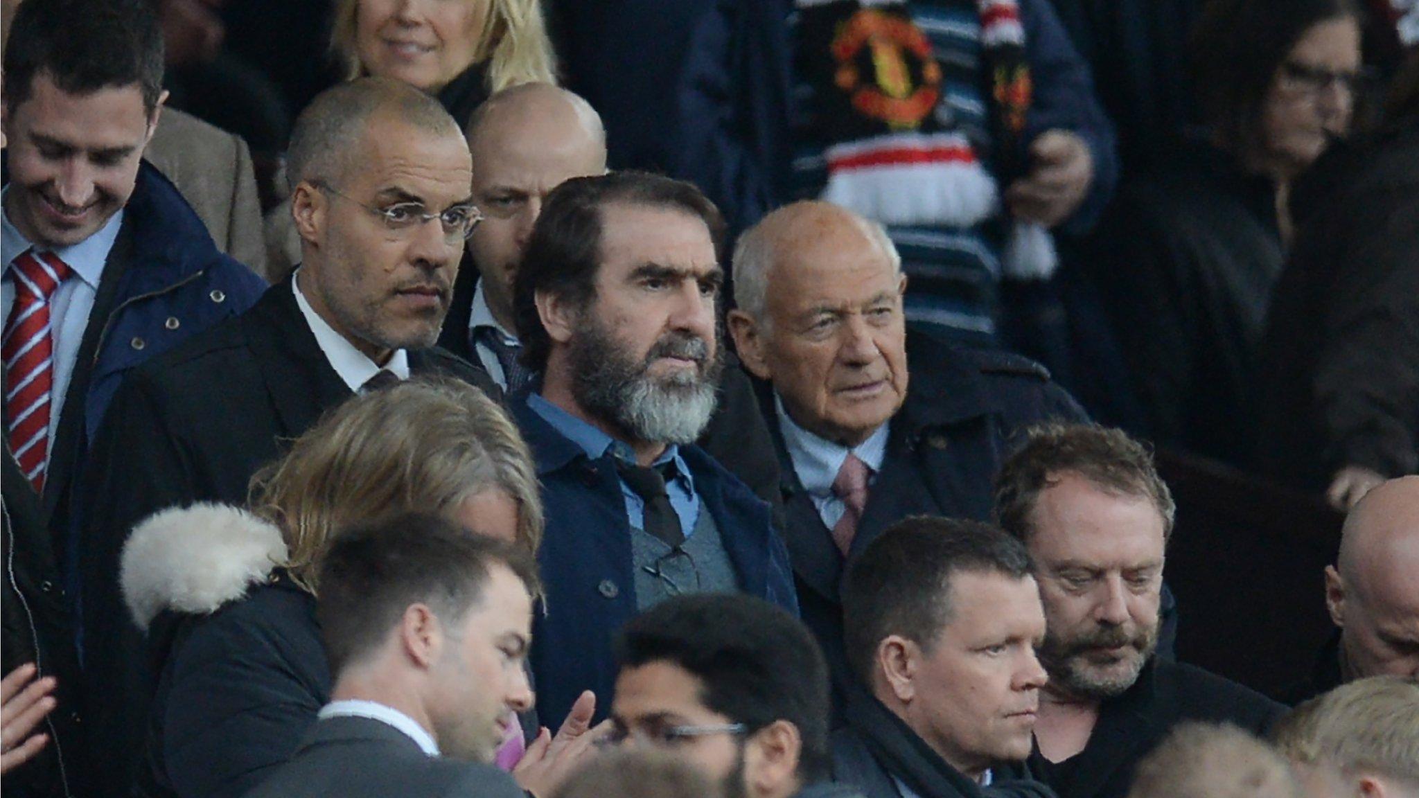 Manchester United's French former player Eric Cantona (C) arrives to watch the English Premier League football match between Manchester United and Leicester City at Old Trafford