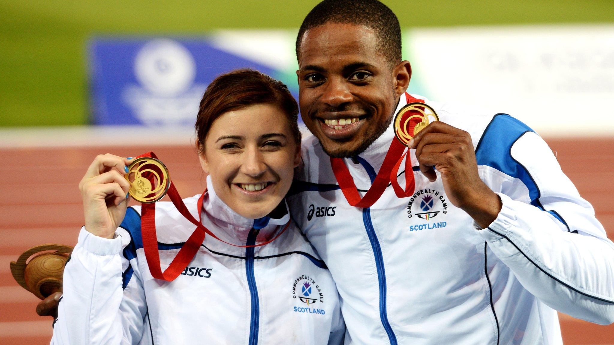 Libby Clegg and Mikail Huggins show off their Commonwealth Games gold medals in 2014