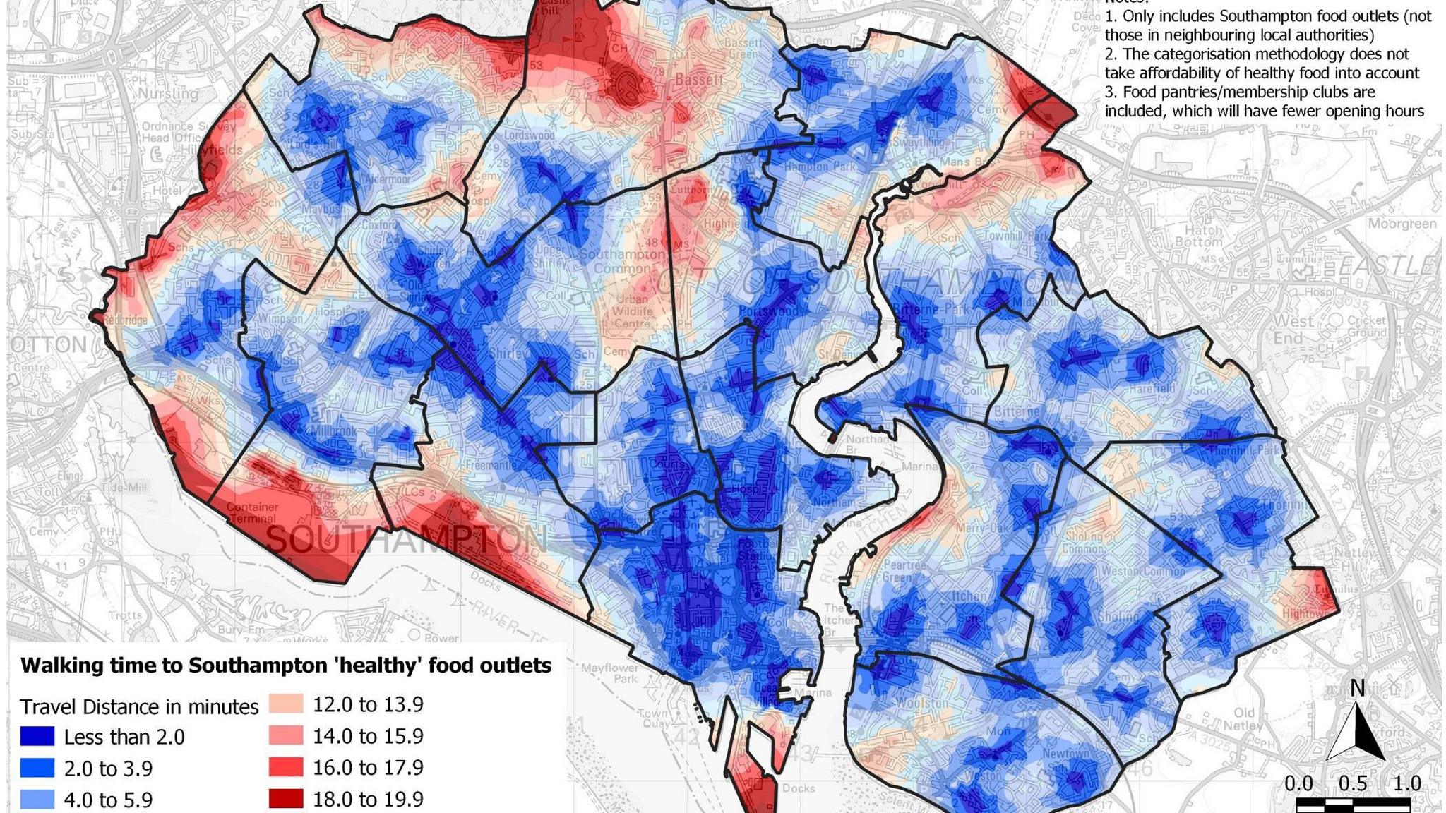 A map of Southampton with a mixture of red and blue shades marks the walking time to Southampton healthy food outlets and in the bottom left corner lists the travel distance in miles. A description of the map in the top right corner says it only includes Southampton food outlets not those in neighbouring local authorities, the categorisation methodology does not take affordability of healthy foods into account and food pantries and membership clubs are included which will have fewer opening times