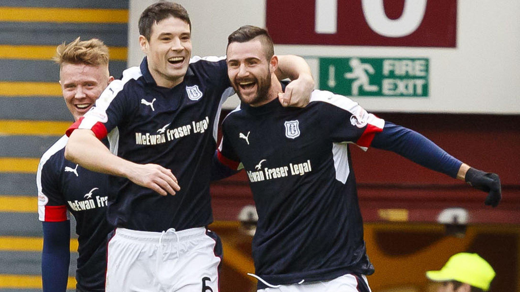 Darren O'Dea congratulates Dundee striker Marcus Haber after he notches his second goal against Well