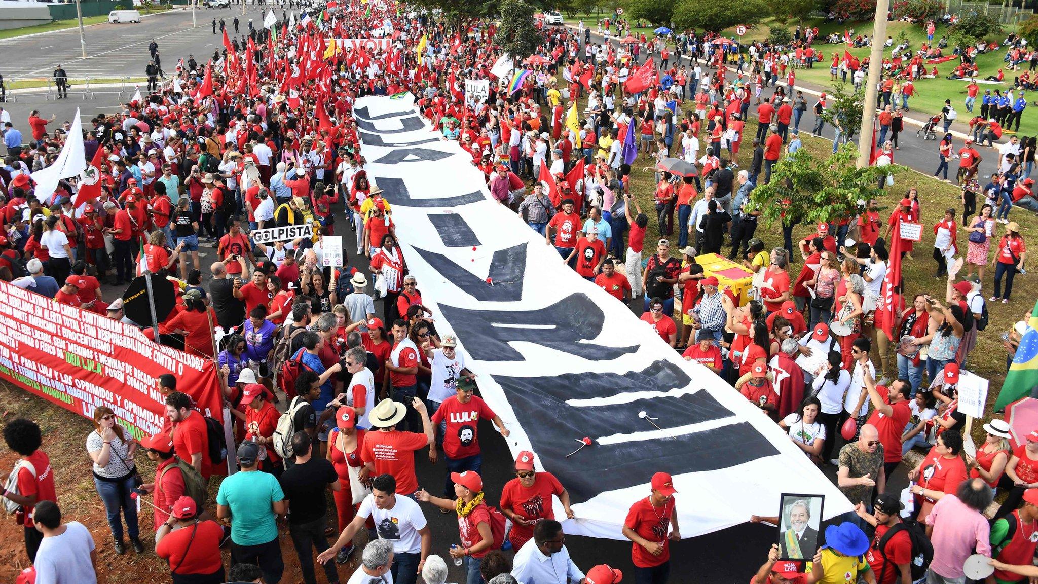 Lula's supporters massed outside the Electoral Supreme Court in Brasilia August 2018