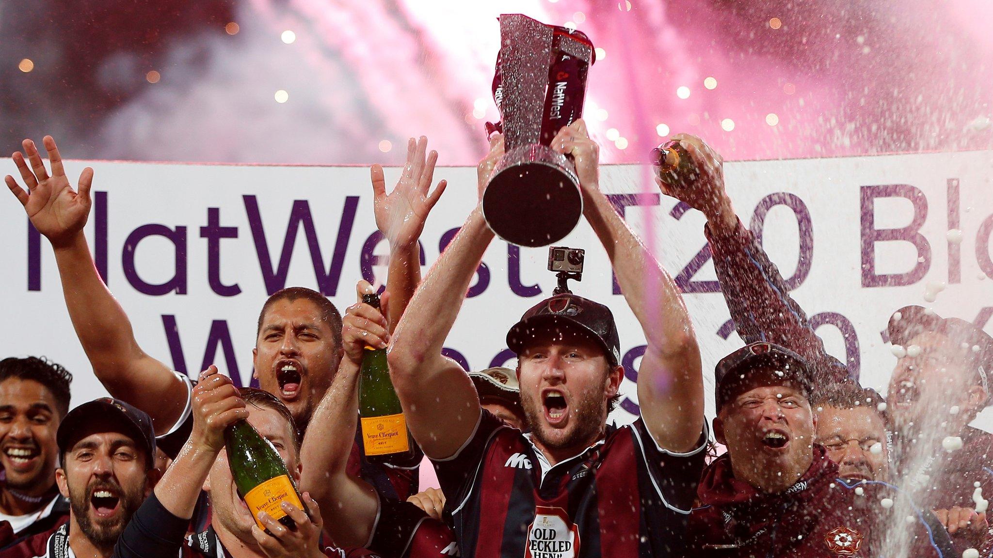 Steelbacks captain Alex Wakely celebrates with the trophy and team mates after winning the NatWest T20 Blast Final