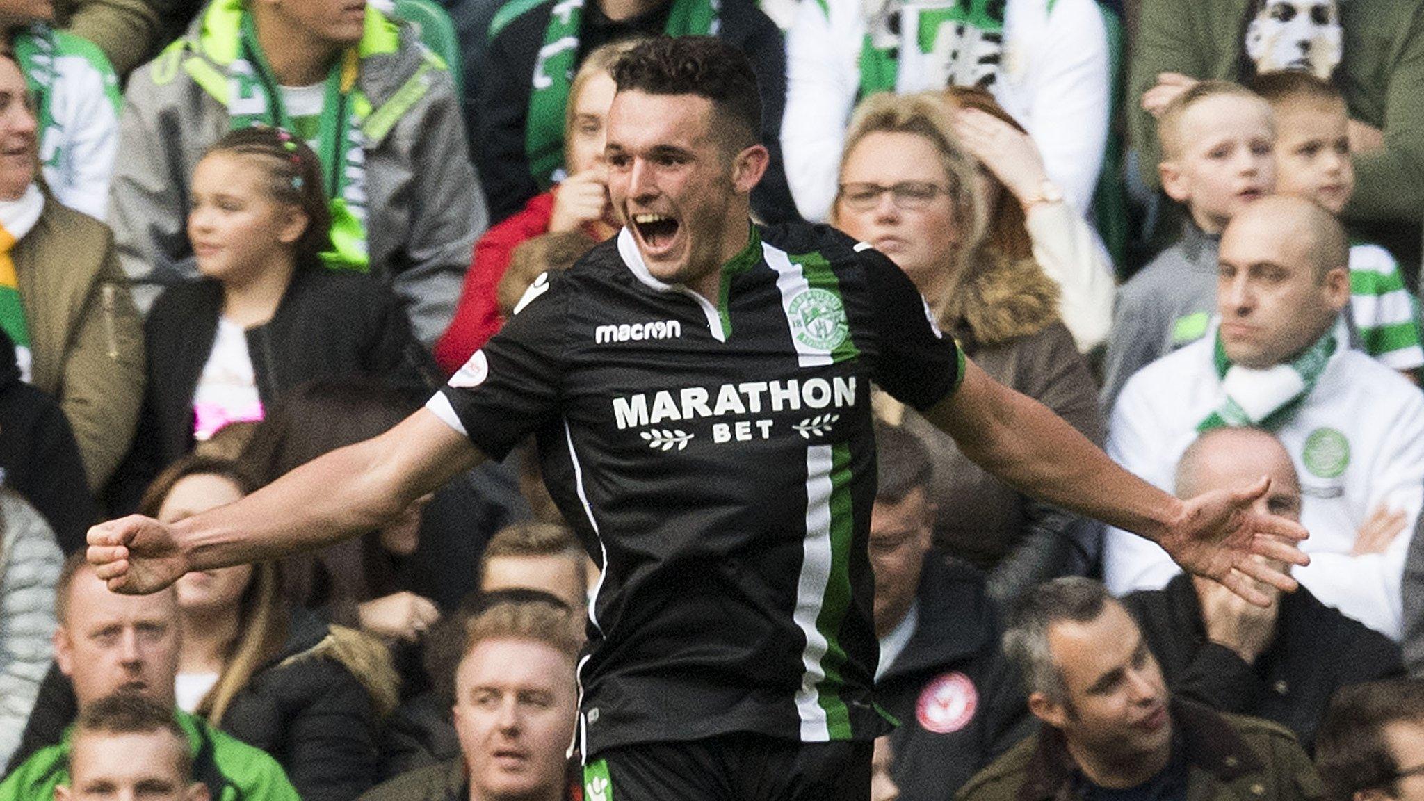 John McGinn celebrates scoring the first of his brace for Hibs