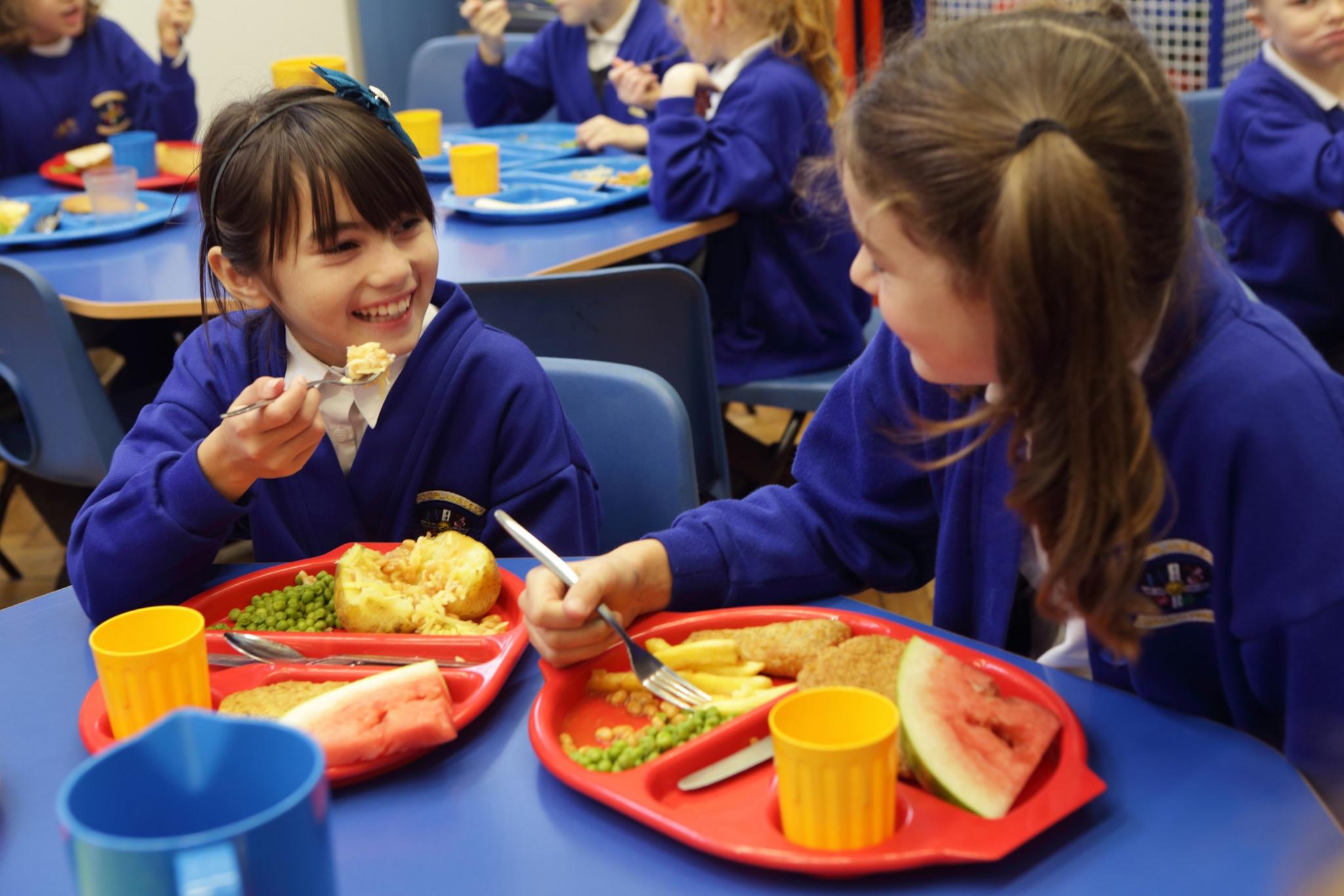 Children eating school dinner