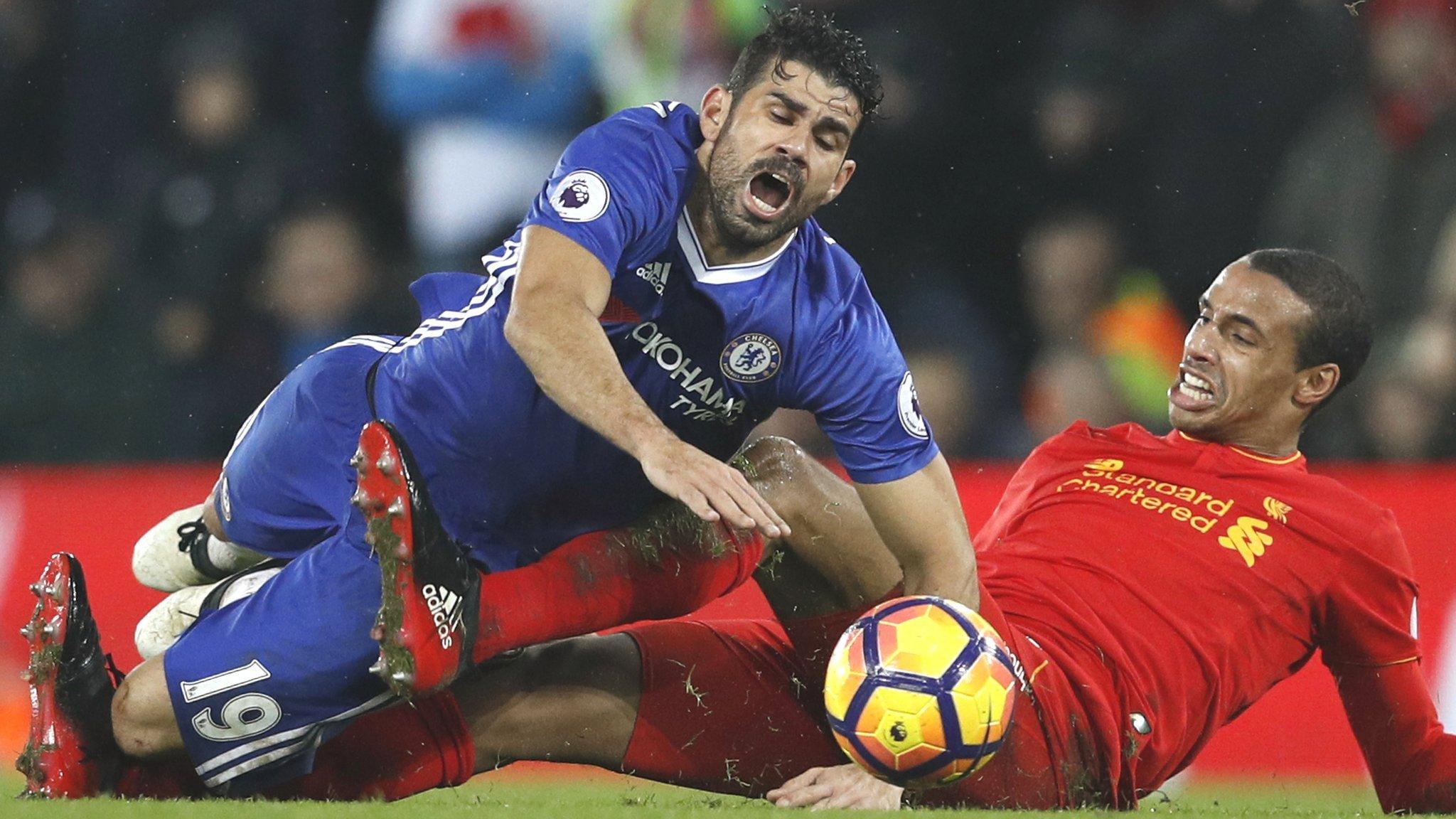 Diego Costa of Chelsea and Liverpool's Joel Matip