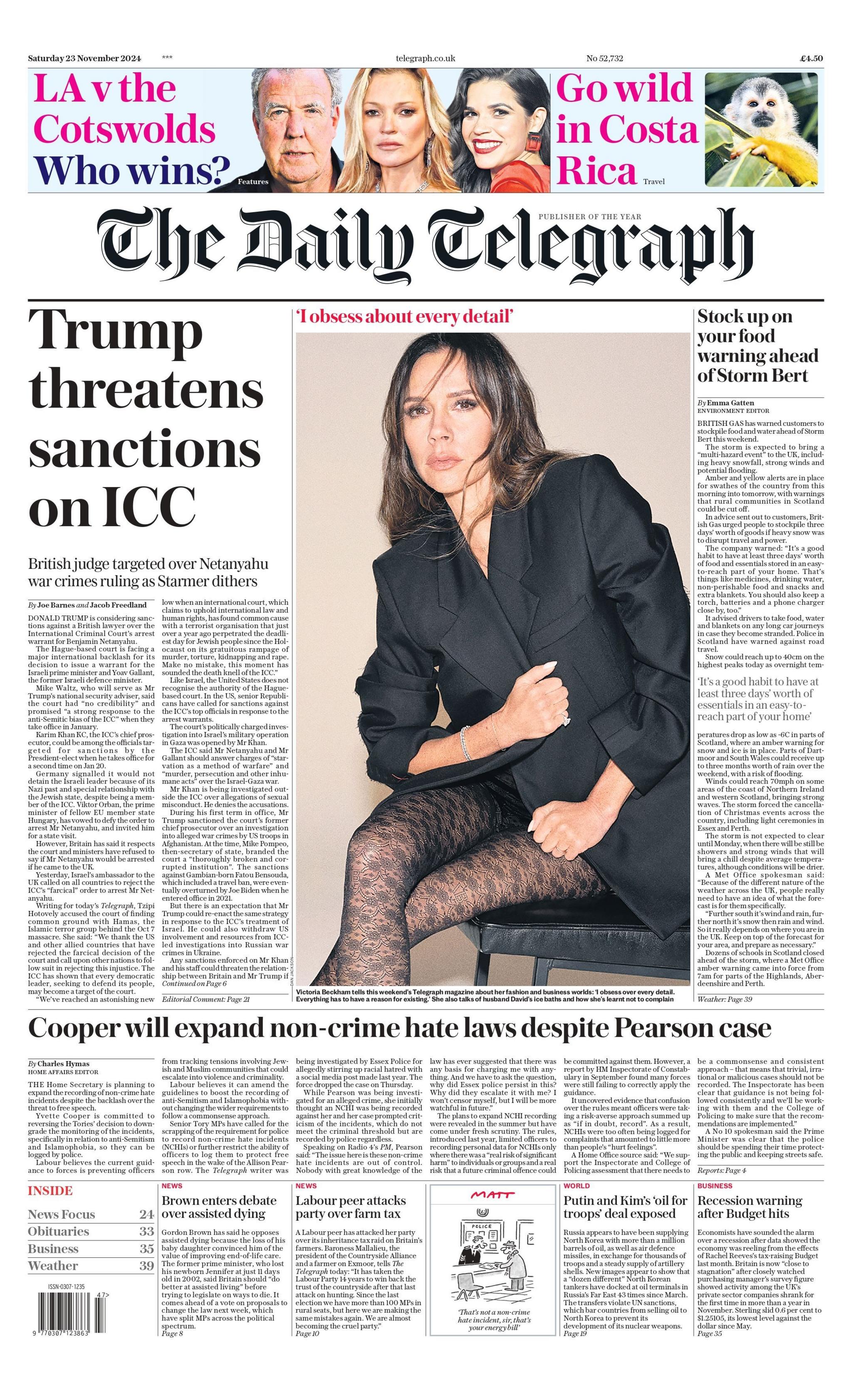 The Daily Telegraph front page with headline: "Trump threatens sanctions on ICC"