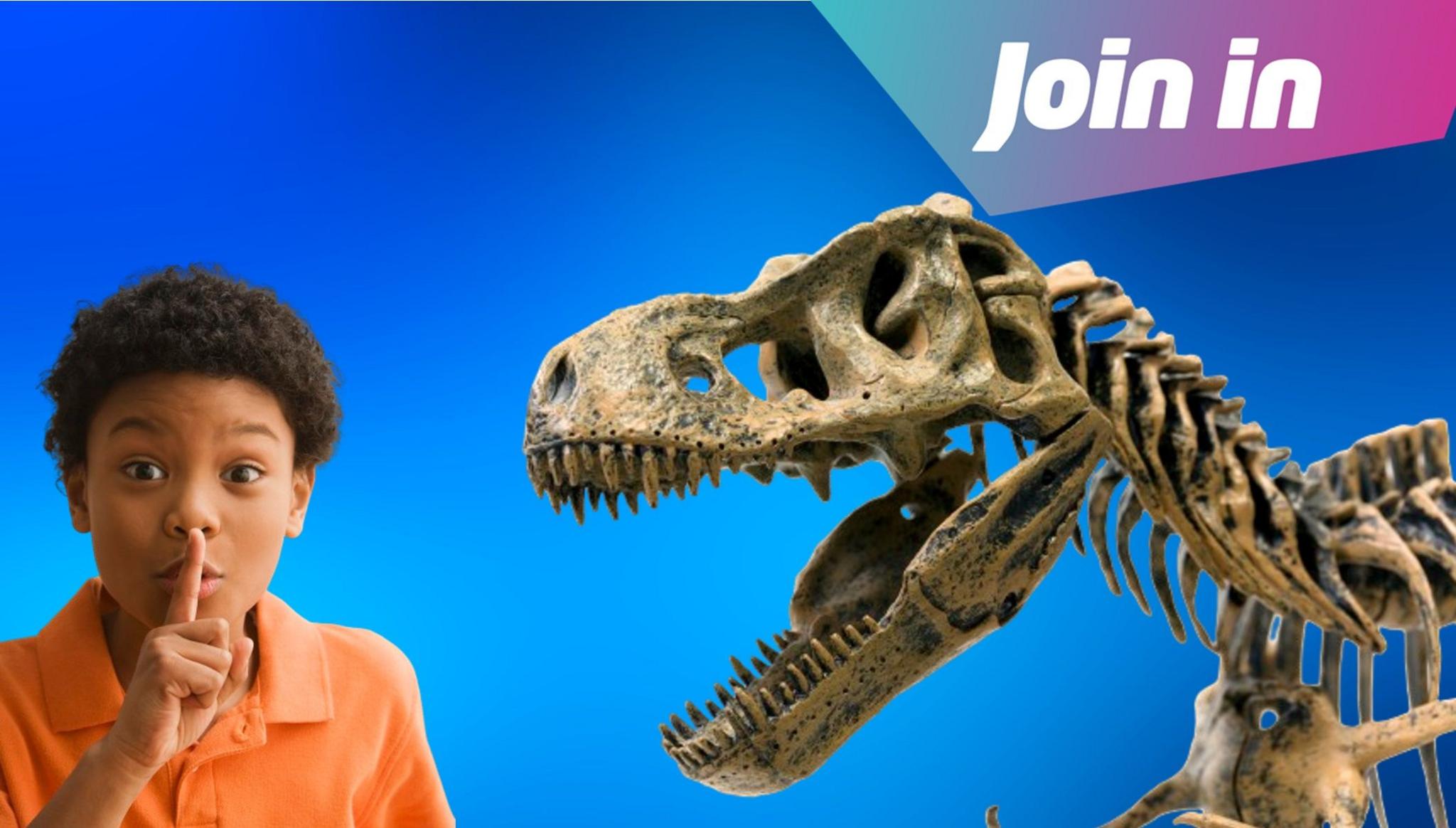 Child and a dinosaur skeleton