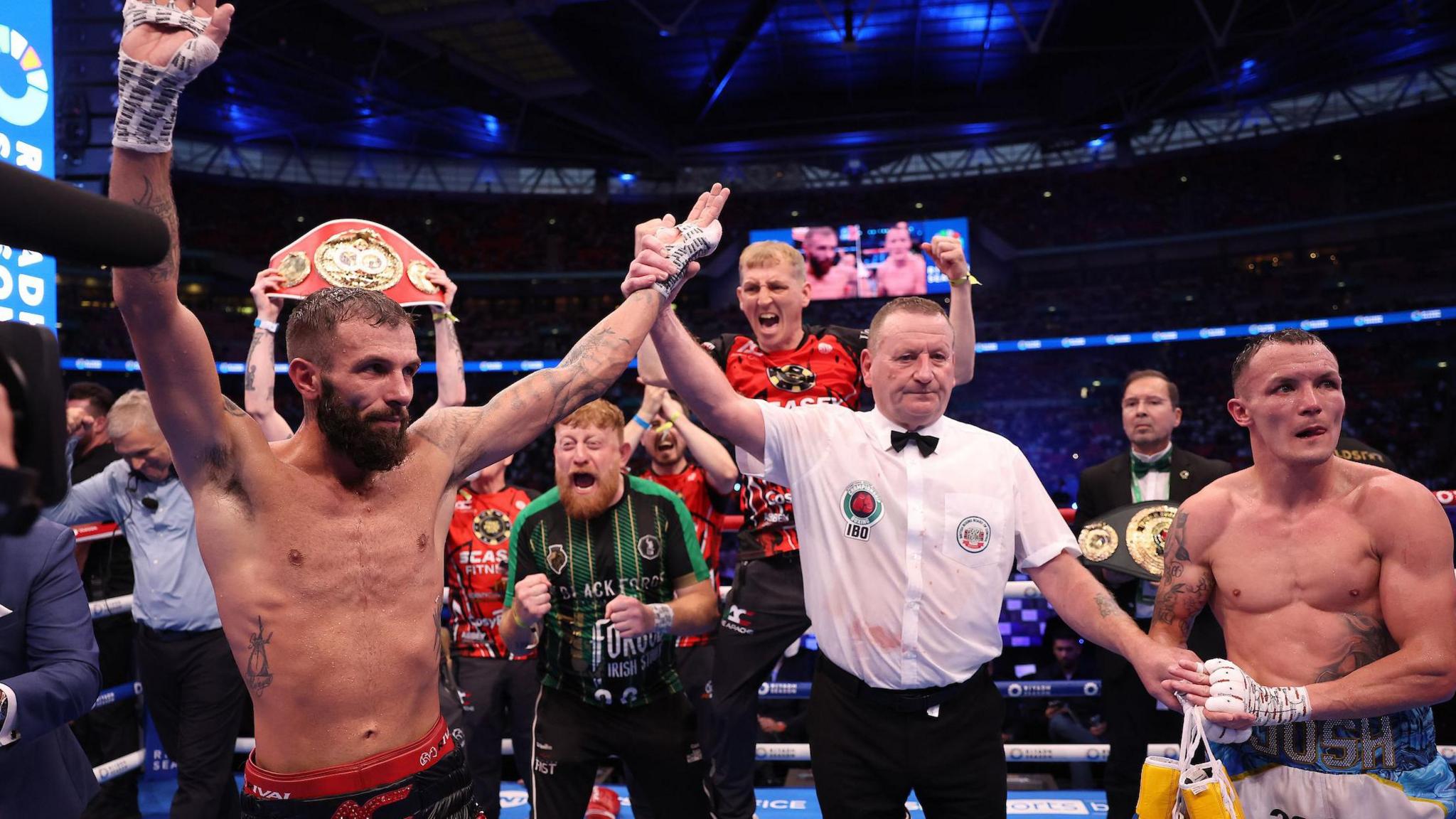 Cacace is announced as the winner of his fight with Warrington