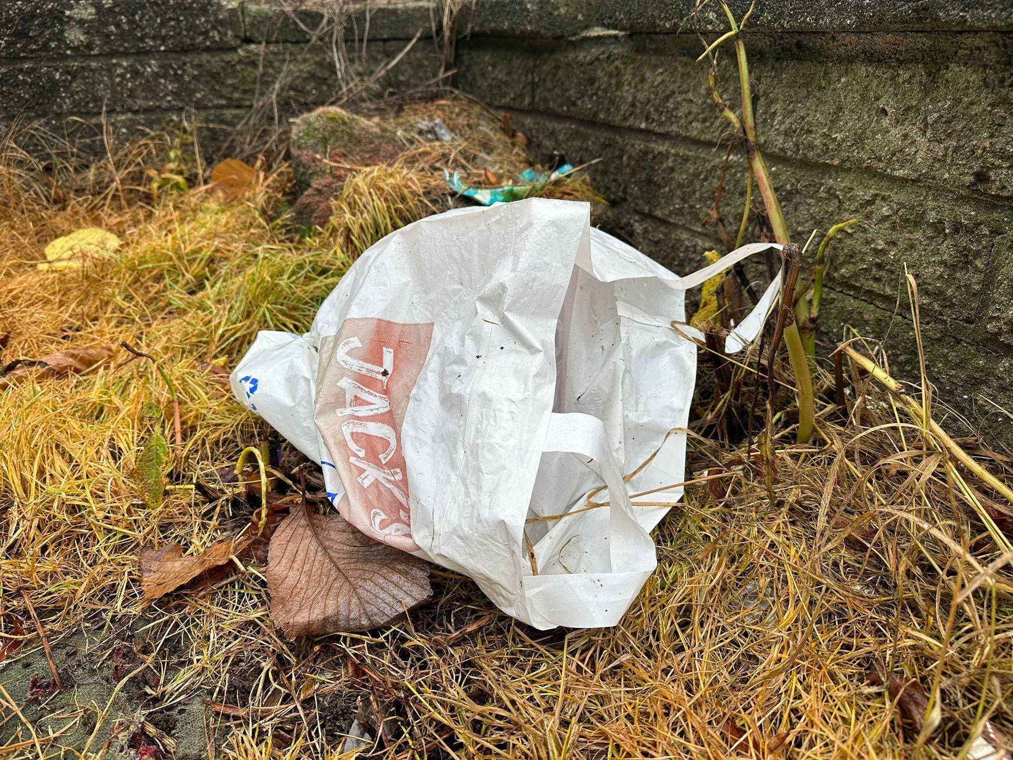 A white plastic bag littered on the ground