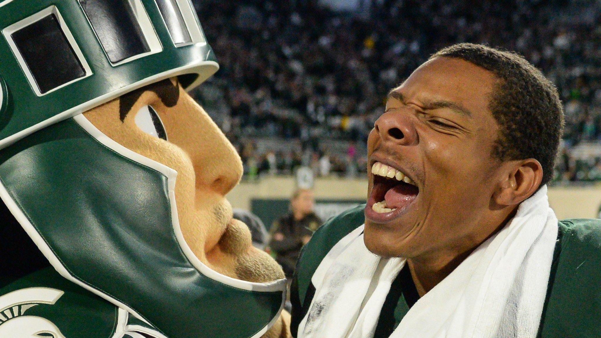 Spartans wide receiver Trishton Jackson celebrates with Sparty following a Big Ten Conference NCAA football game between Michigan State and Notre Dame on September 23, 2017,