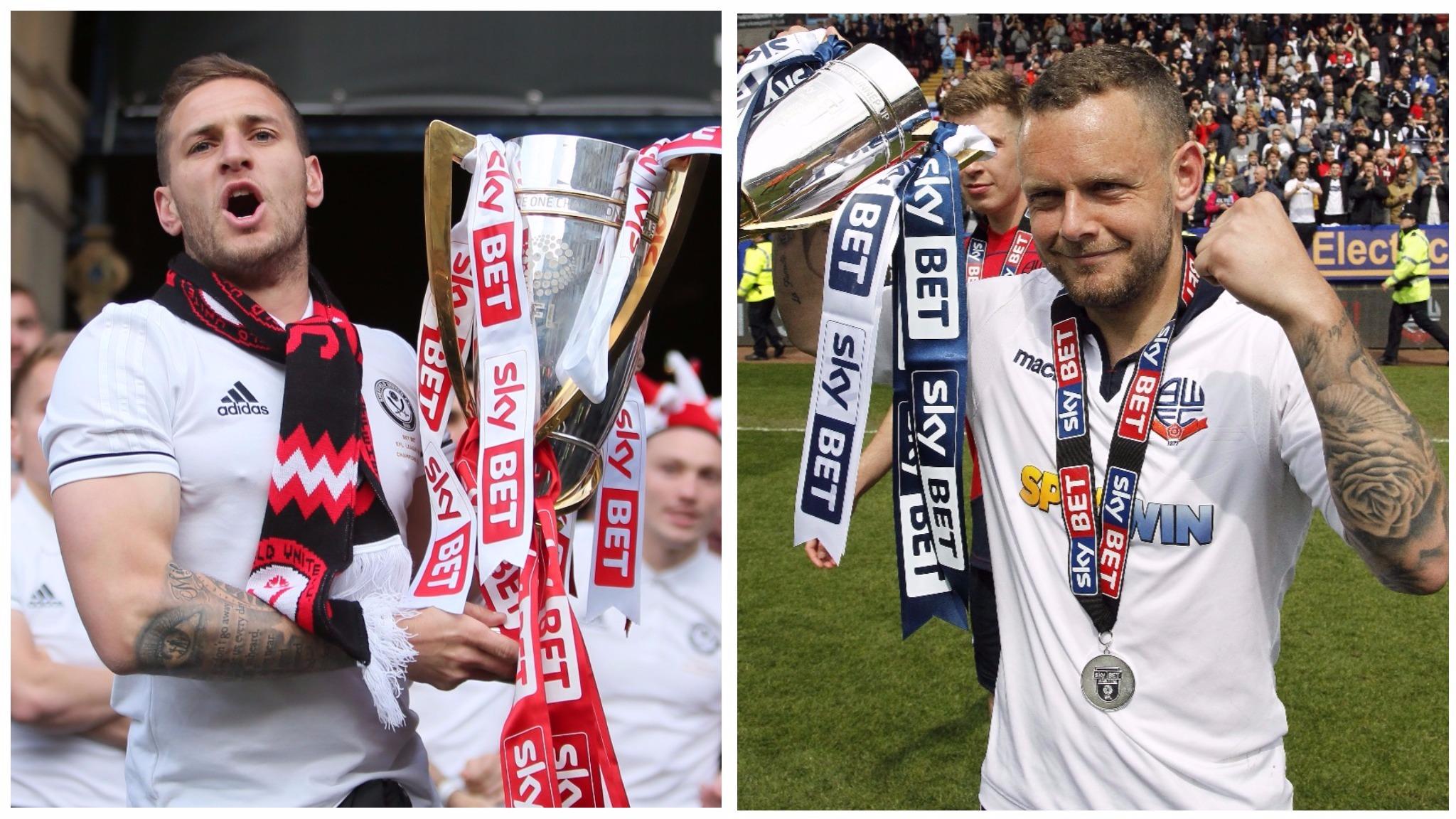 Sheffield United's Billy Sharp and Bolton Wanderers' Jay Spearing celebrate promotion to the Championship