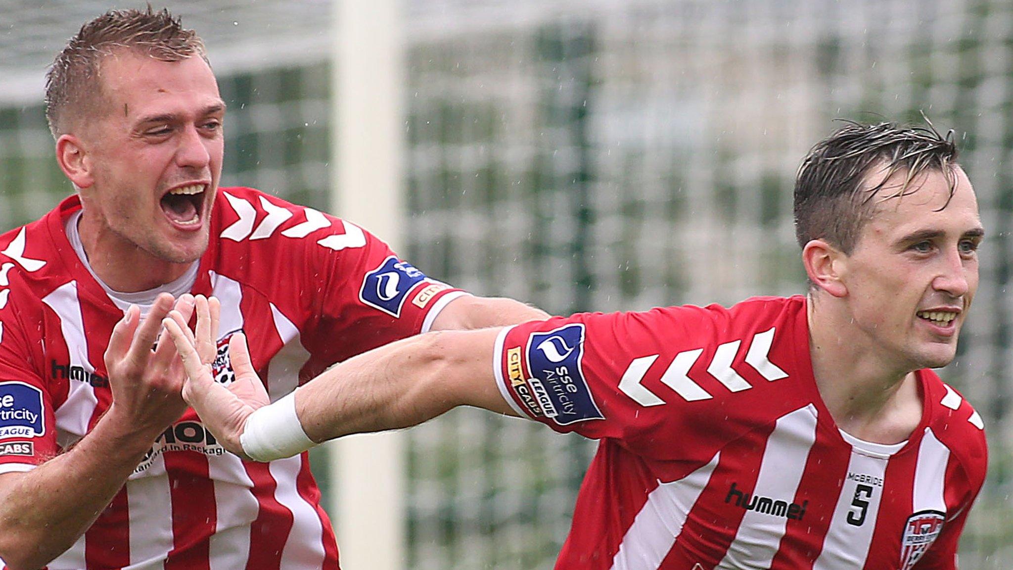 Derry's Aaron McEneff celebrates scoring with Lukas Schubert